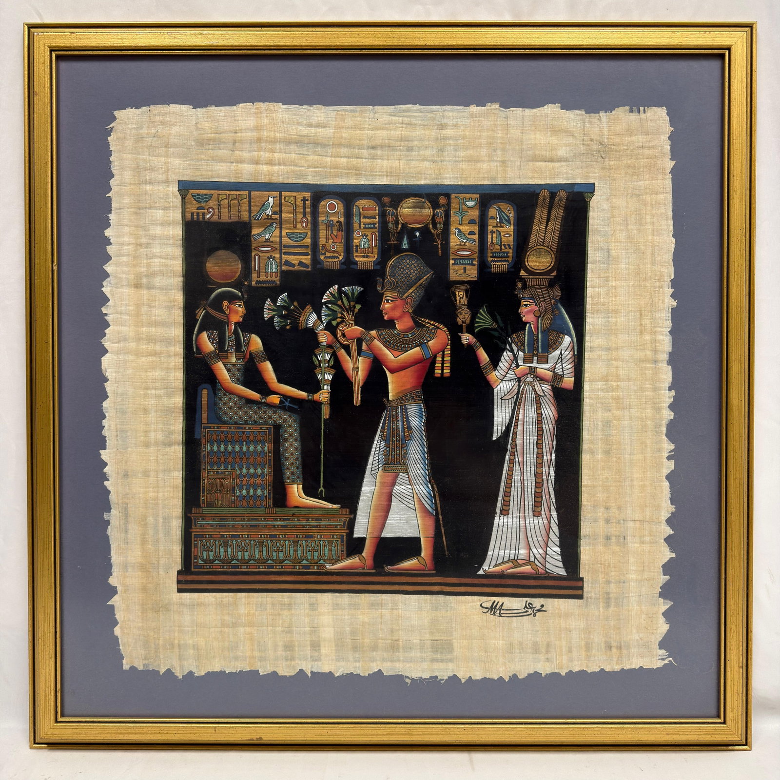 Hand Painted Egyptian Papyrus Scene with Pharaoh Hieroglyphics Framed (1 of 5)