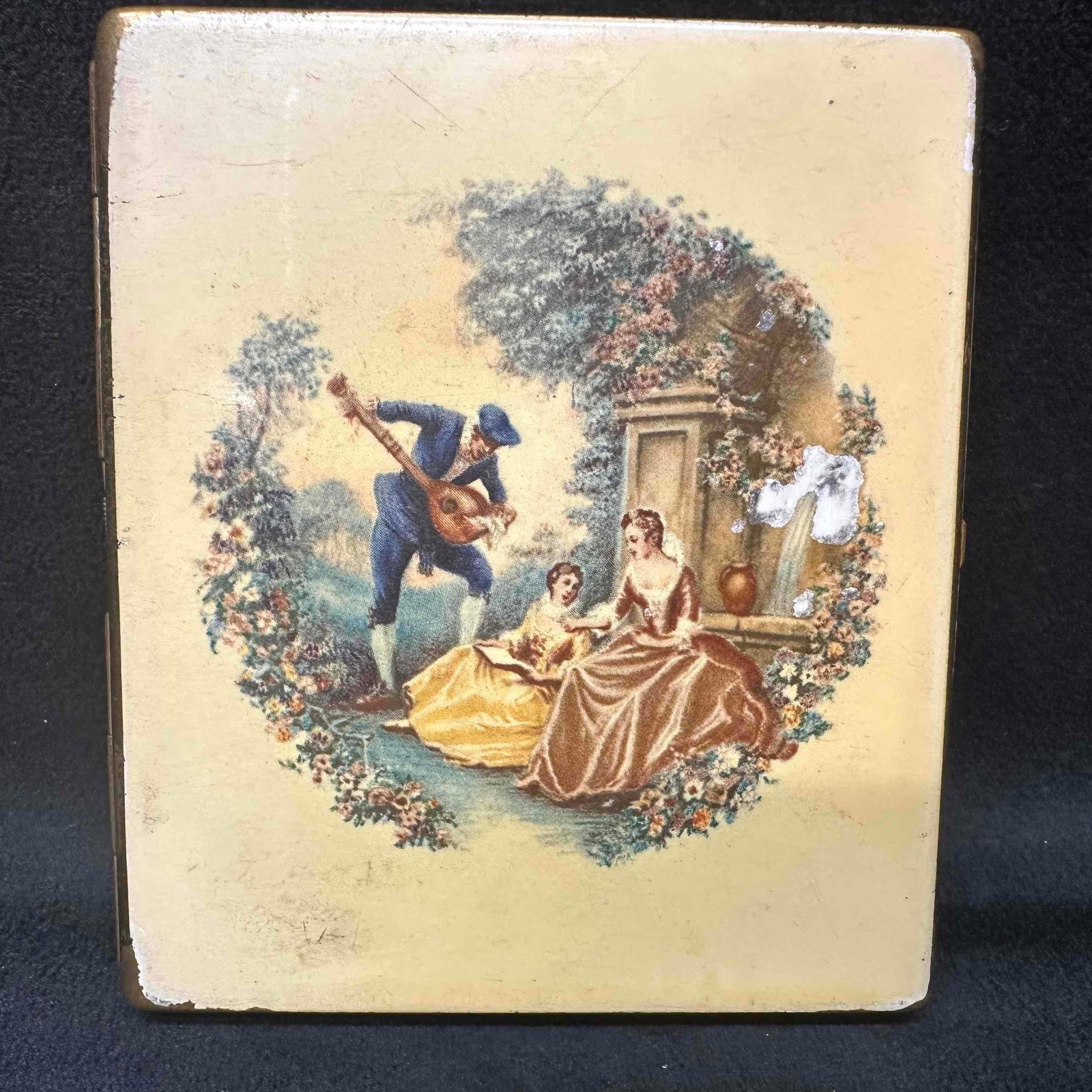 Colibri Cigarette Card Case Courting Couples Park Lane Gold Finish England: Colibri Cigarette Card Case Courting Couples Park Lane Gold Finish England. This item is in good pre-owned, condition with light wear and surface scratches. Please reference all photos for full d