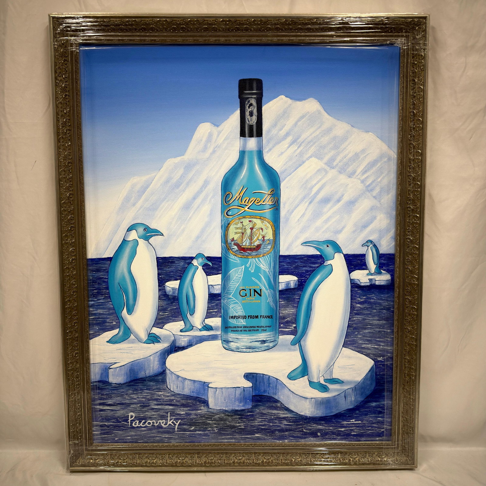 Signed Pacovsky Acrylic on Canvas Magellan Gin and Penguin Ice Snow Mountains: Original acrylic on canvas painting signed Pacovsky lower left. This whimsical contemporary composition depicts several stylized blue-and-white penguins gathered on floating ice with a snow-covered mo