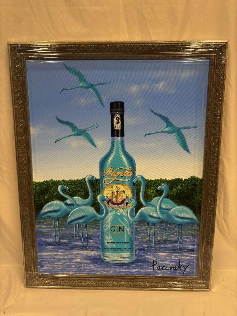 Blue Flamingos Signed by Pacovsky Acrylic on Canvas Magellan Gin: Blue Flamingos - Magellan Original Acrylic by John Pacovsky. Original acrylic on canvas painting signed by Pacovsky. This item is in pre-owned, previously displayed condition with light wear and 