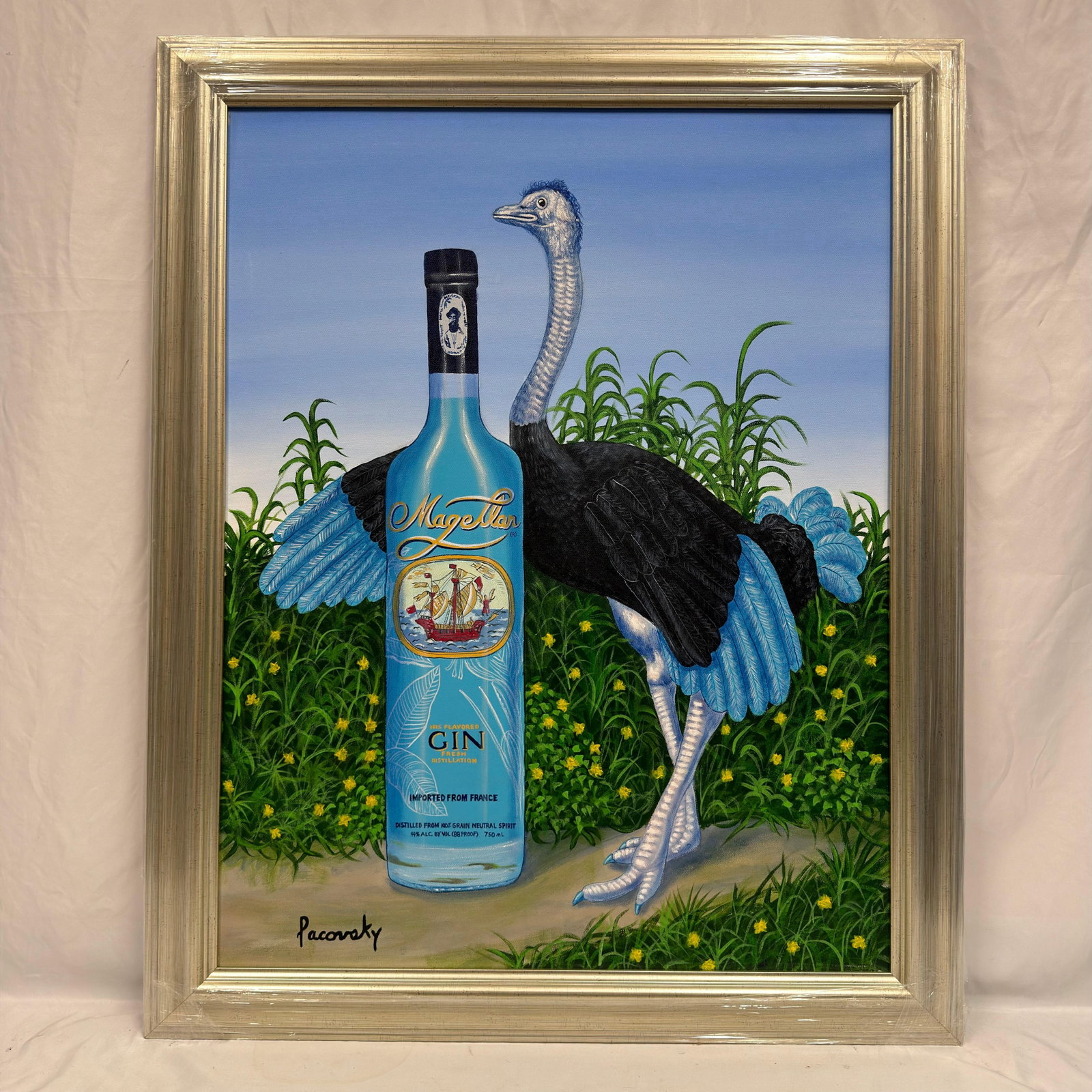 Signed Pacovsky Acrylic on Canvas Magellan Gin and Ostrich Blue Feather (1 of 5)