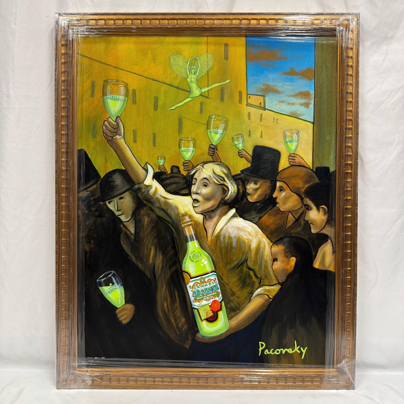 Signed John Pacovsky Acrylic on Canvas Grande Absente Surrealist Artwork: Original acrylic on canvas painting, signed Pacovsky lower right. This surrealist composition is inspired by Honore Daumier's The Uprising, reimagined with a Grande Absente absinthe bottle, r