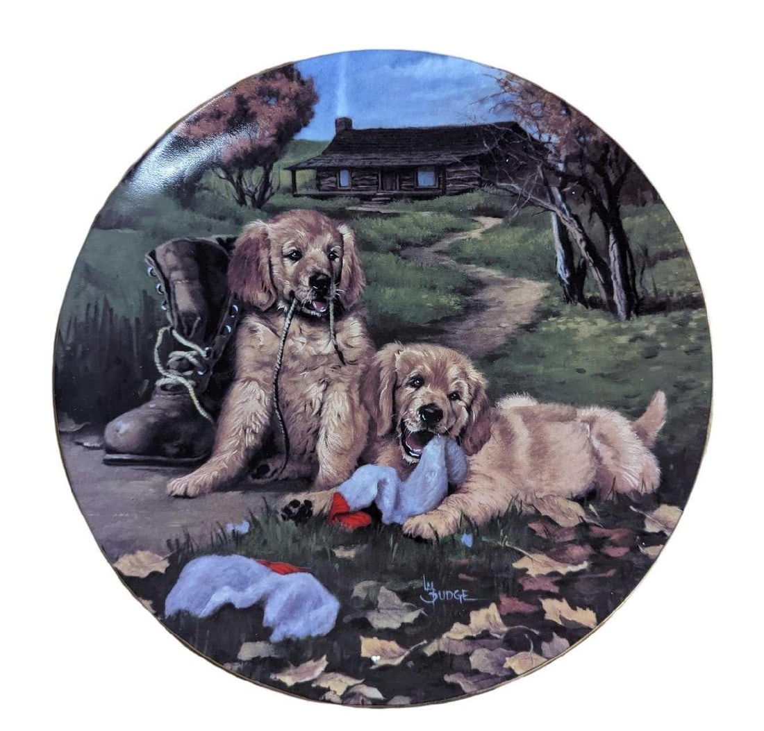 Linda Budge Boot Bandits Golden Puppy Plate: Linda Budge Boot Bandits Golden Puppy Plate. Based on original artwork by Linda Budge. This was released by the Hamilton Collection in 1994. This is plate #0316B. The plate is approx 8 1/4" x 1" x 8