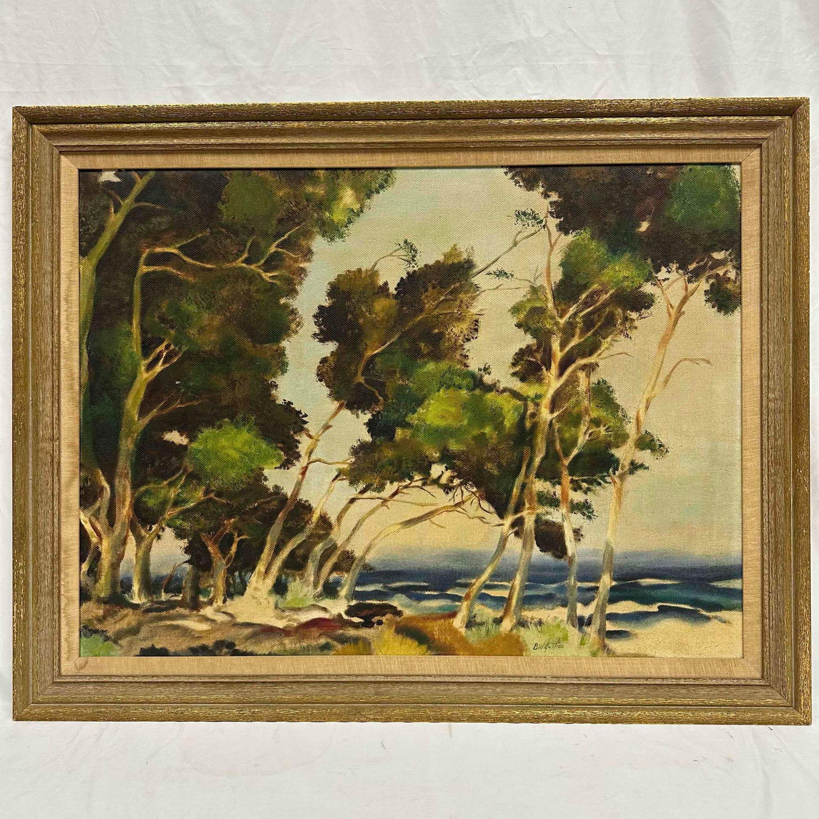 Bill Justice Original Oil Painting on Masonite Coastal Landscape with Trees Signed: Original oil painting on Masonite board by Disney animation legend Bill Justice (1914–2011). The work depicts a coastal landscape with windswept trees against the backdrop of the sea, executed i