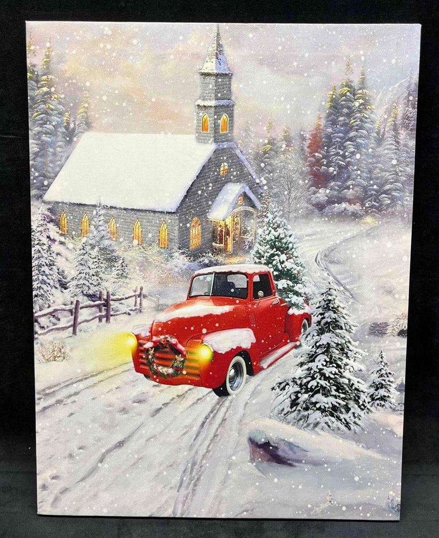 NIKKY HOME Stretched Light Up Canvas Christmas Print Red Truck In The Snow: This lot contains a NIKKY HOME Stretched Light Up Canvas Christmas Print Red Truck In The Snow. It is approx 15 3/4" x 12" and it weighs about 0.5lbs. Overall the stretched canvas is in excellent