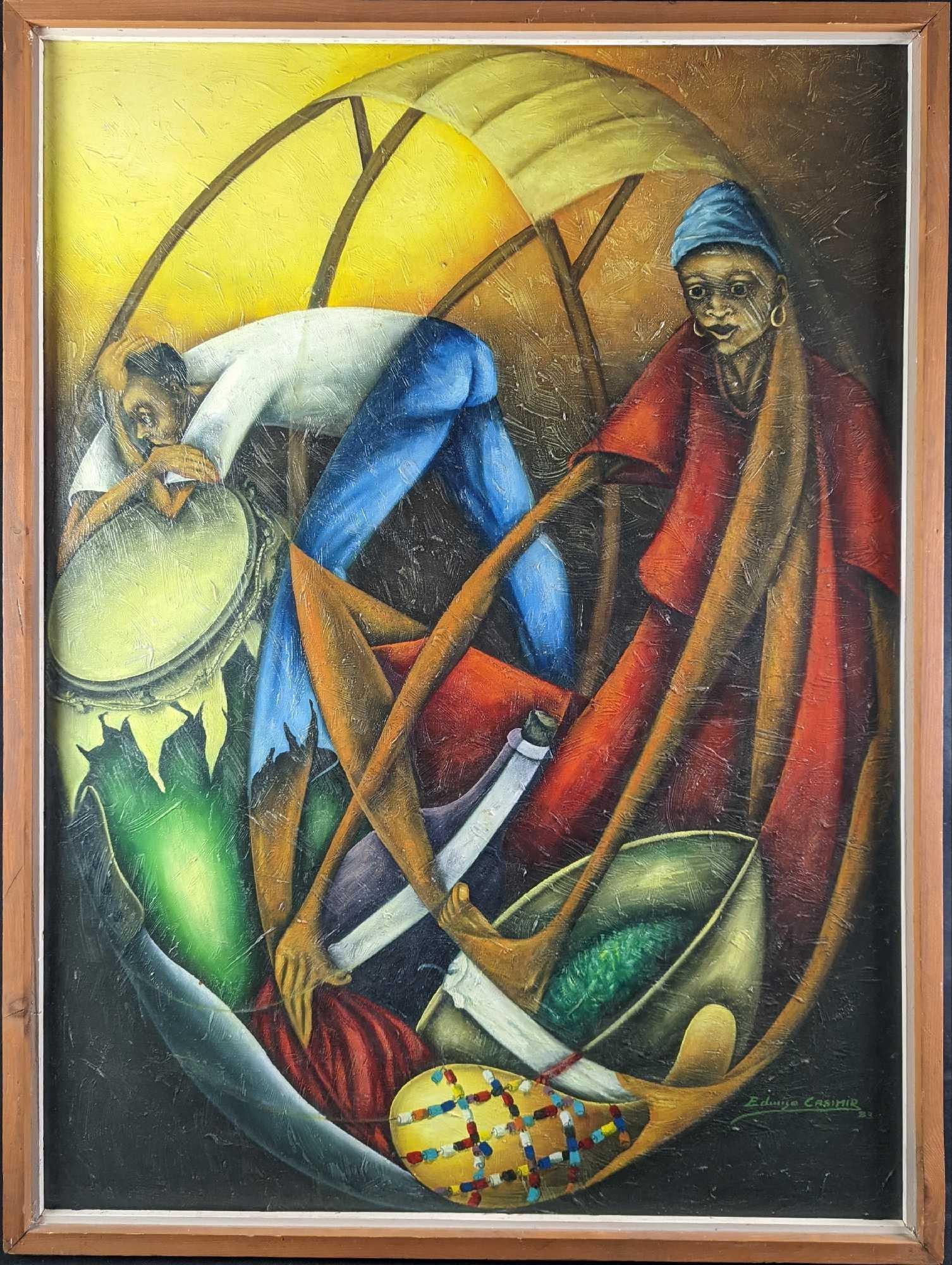 Vintage Haitian Oil on Canvas Naive Painting By Edwidge Casimir: Vintage Haitian Oil on Canvas Naive Painting By Edwidge Casimir. The framed original is approx 31" x 1 3/4" x 40 3/4" and it weighs 7lbs. The canvas itself is approx 28 3/4" x 39 3/4". The original is