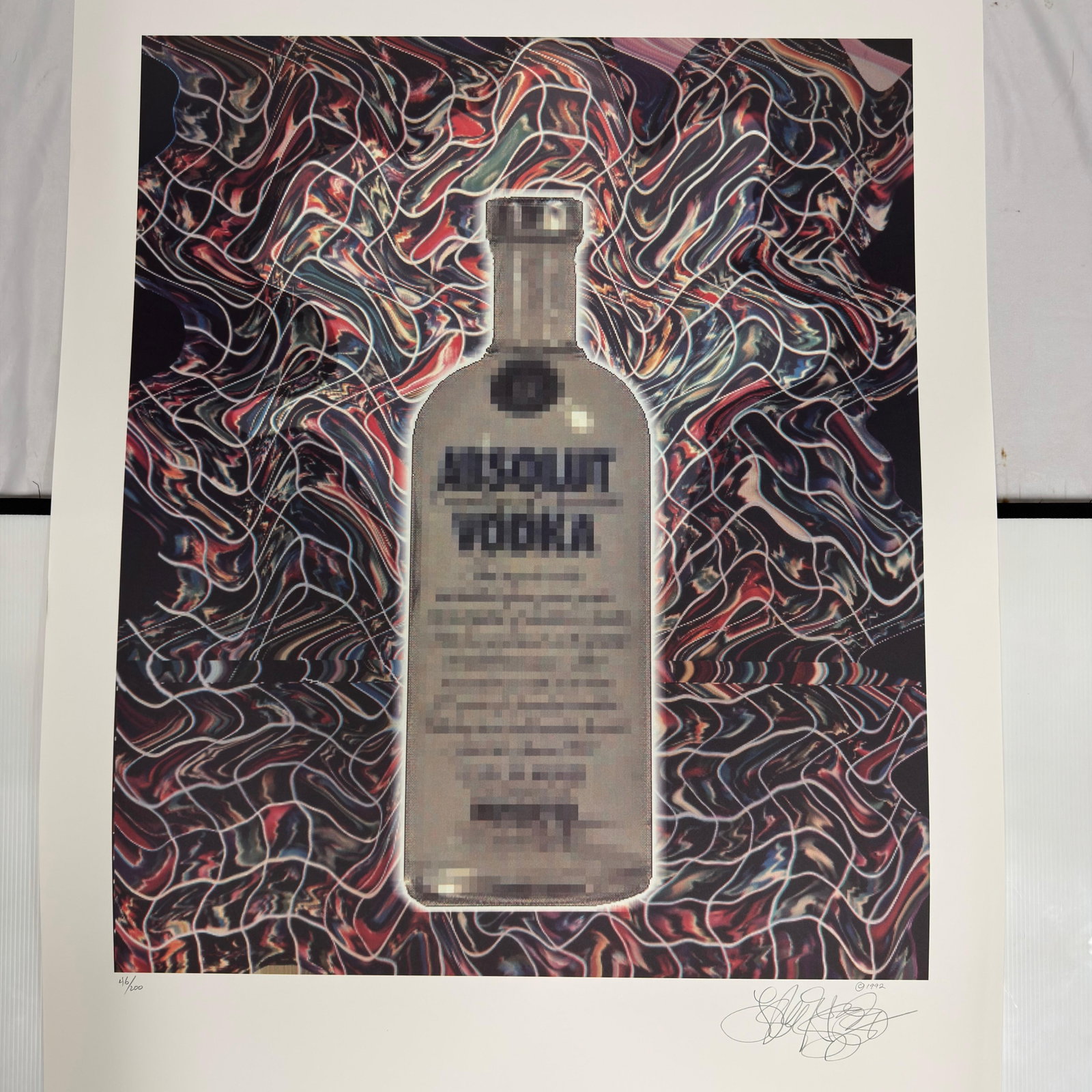 Pixelated Absolut Gartel Signed and Numbered Digital Art Print Laurence Gartel 46 of 200: Laurence Gartel, “Absolut Gartel,” from his landmark Absolut Vodka digital art commission created circa 1991. Large digital art print depicting the pixelated Absolut bottle against an abst