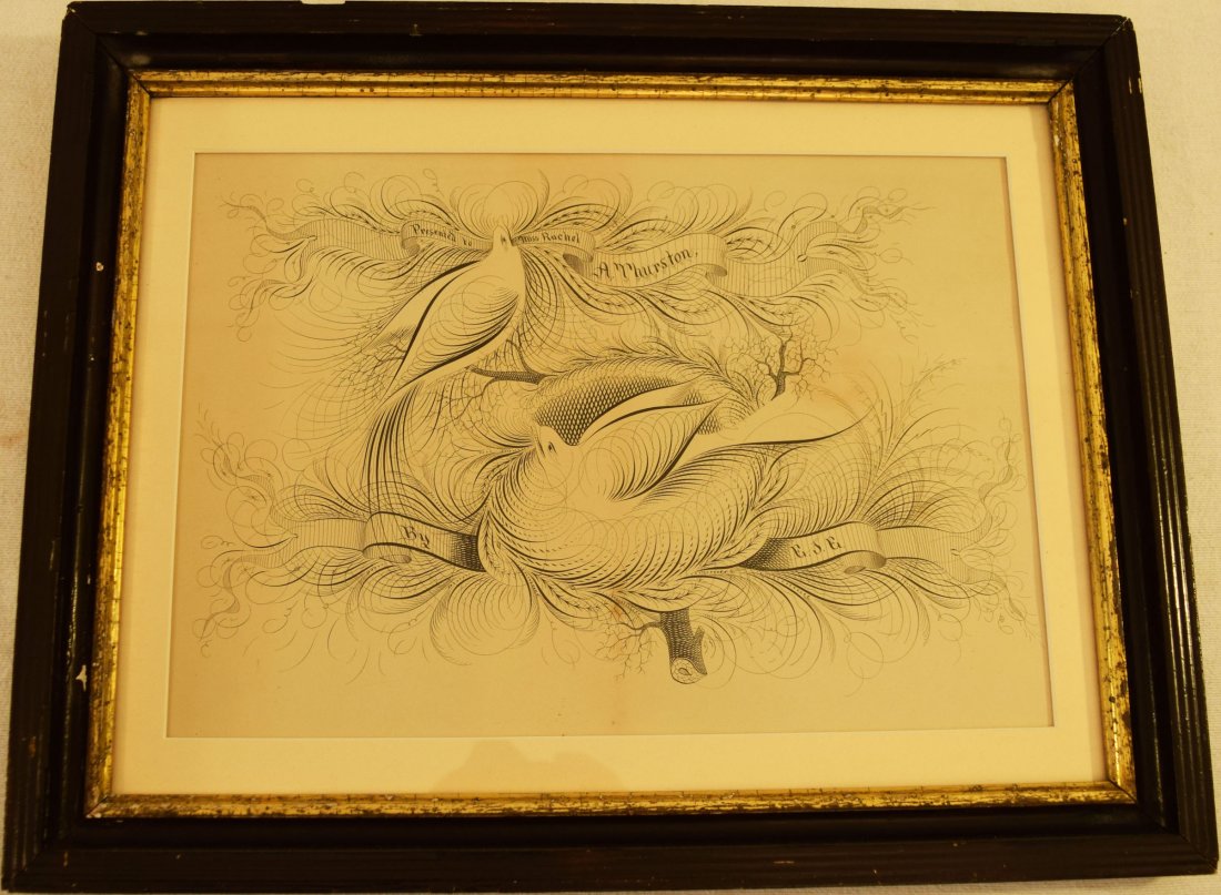 Calligraphy Drawing: Mid 19 th C. calligraphy drawing of doves, presented to Rachael Thurston, 10" x 14".