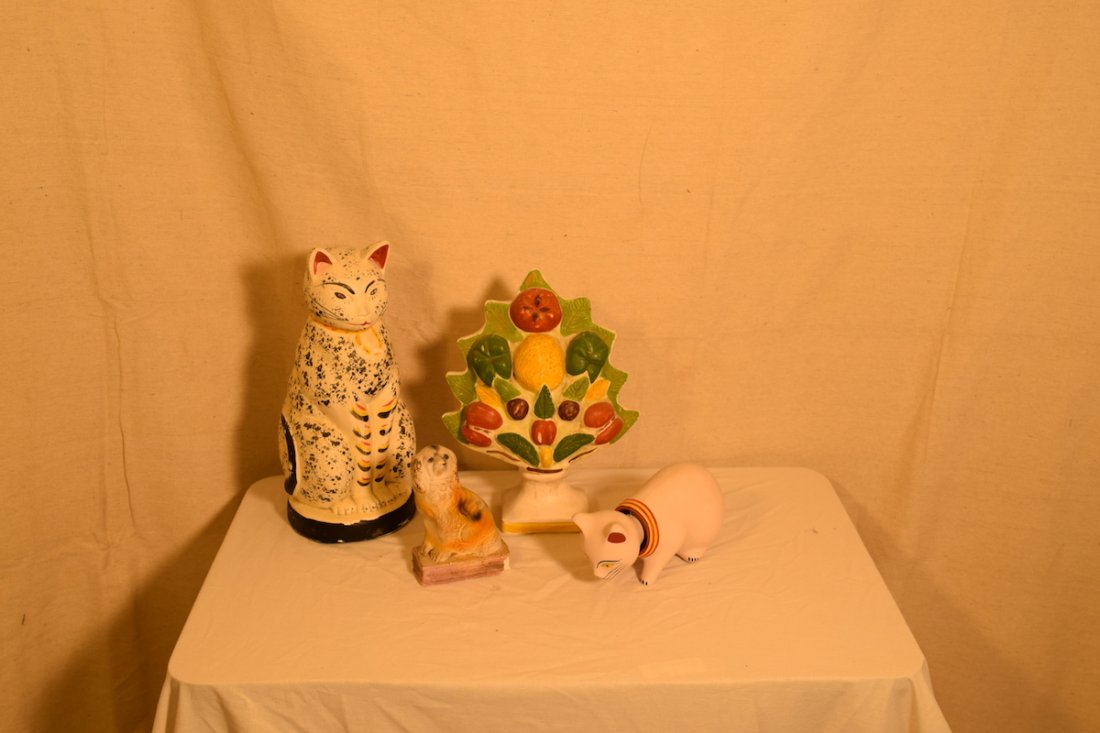 Chalkware Group: Collection of reproduction chalkware to include cat, bouquet, etc. 4 piece.