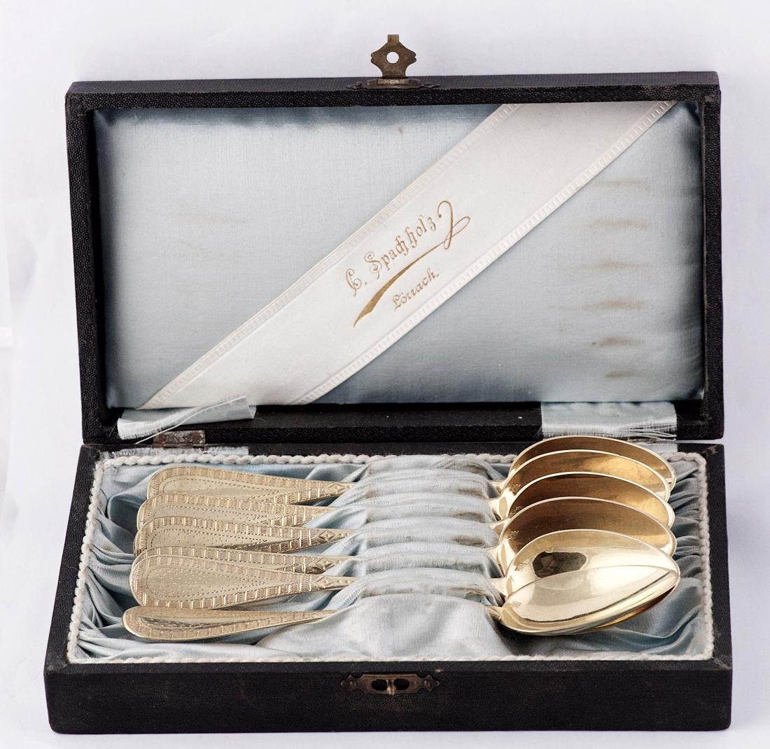 Prudent Quitte, Set of six .800 silver gilt spoons, (1 of 4)
