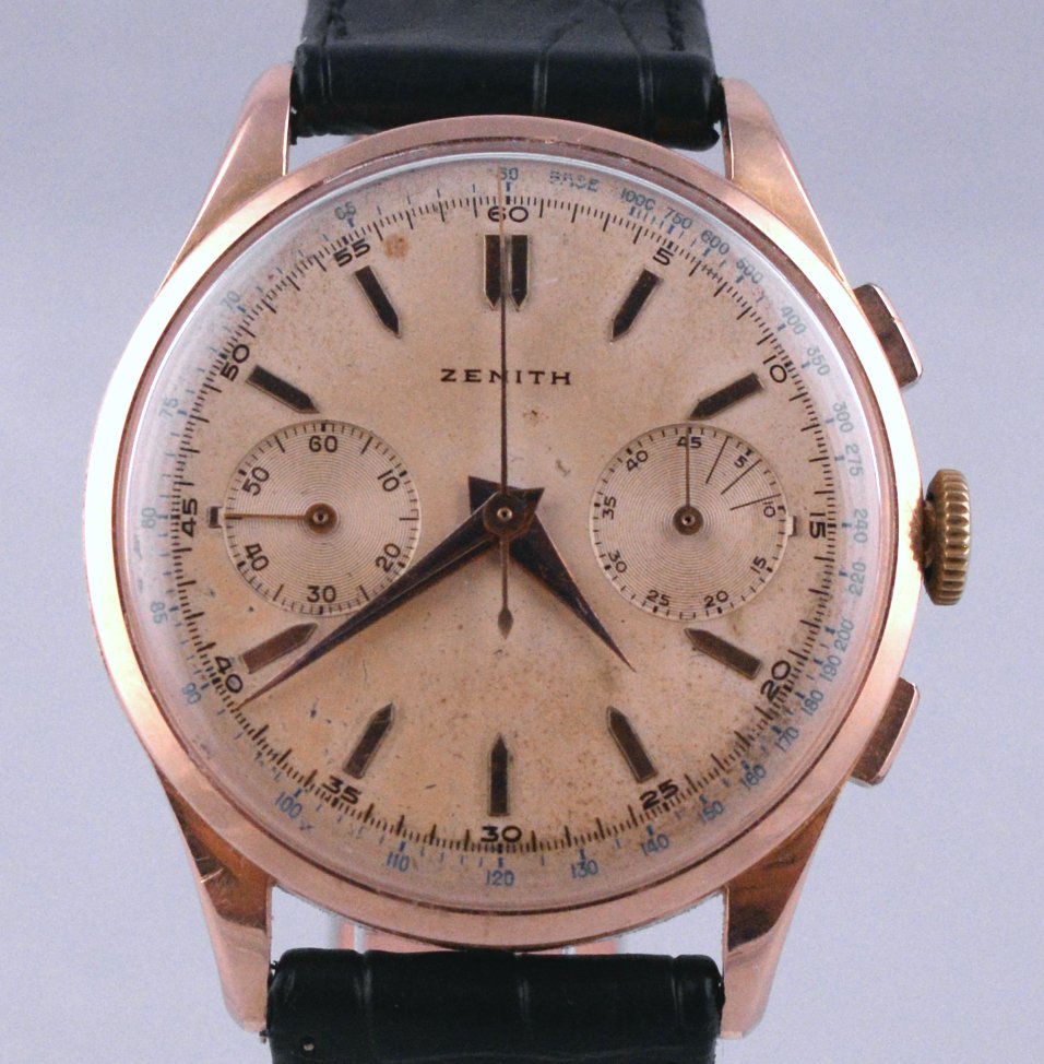 Vintage Zenith Stellina Chronograph 18K Rose Gold Watch: The dial and case show some visible signs of the passage of time and that’s just the way we like it. The classic two-register chronograph is, thanks to its amazing condition and slightly larger-than