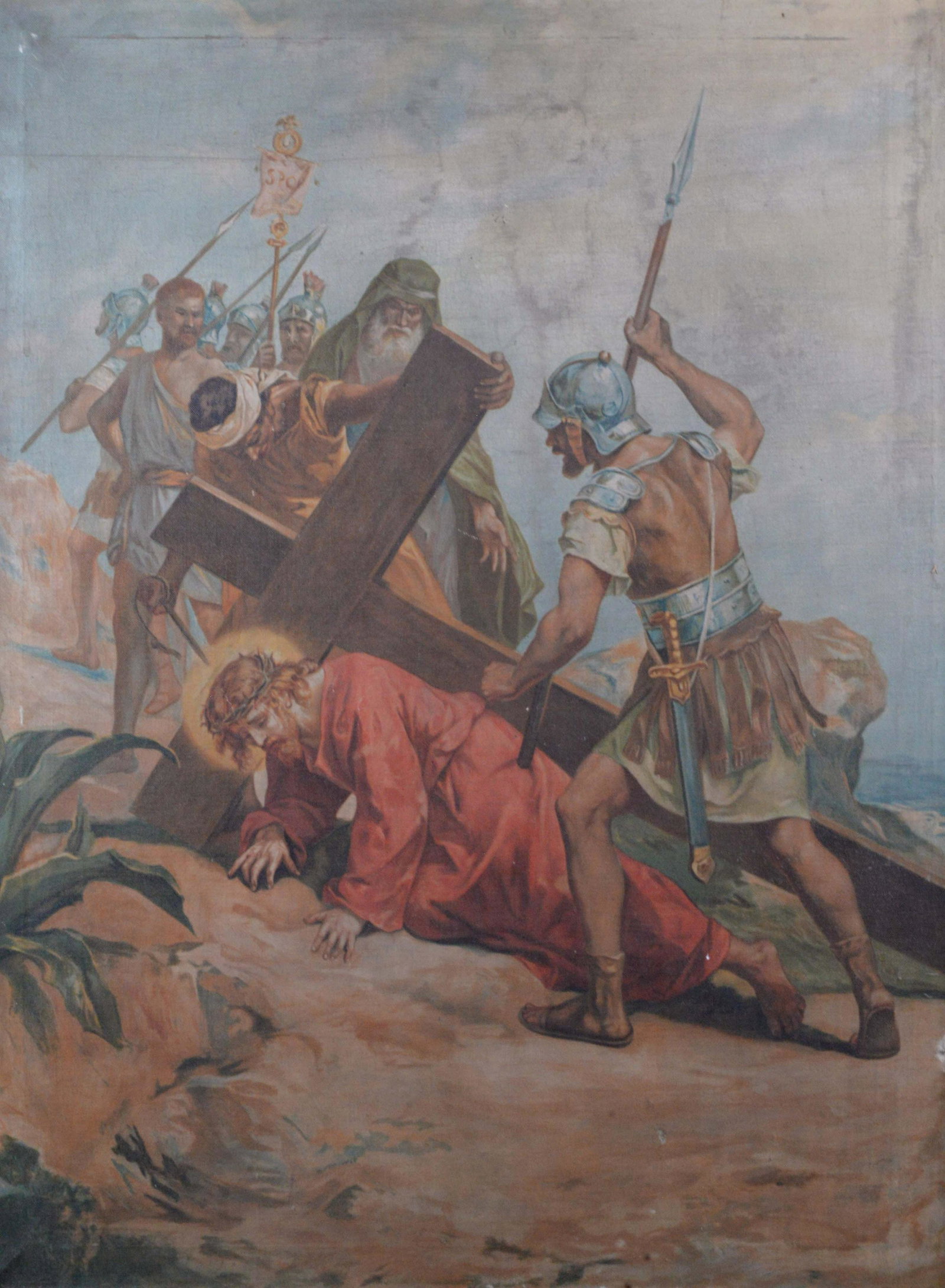 Morgari, Luigi - Jesus falls under the cross the first: Morgari, Luigi (1857-1935) Jesus falls under the cross the first time (c.1910) Description: Oil on canvas forming part of Stations of the Cross (14 stations), not signed. Dimension (PO): 33" x 25 1/2"