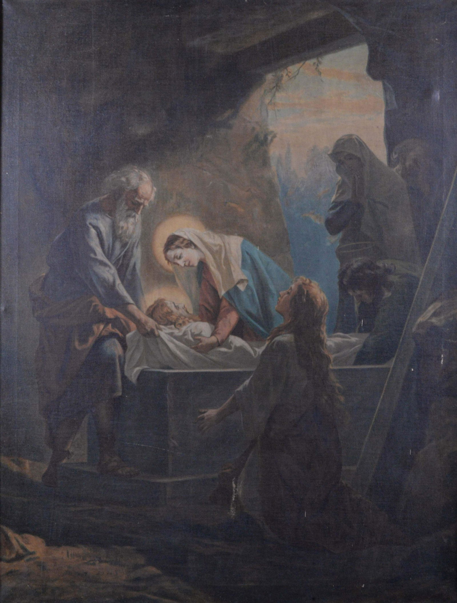 Morgari, Luigi - The body of Jesus is laid in the tomb: Morgari, Luigi (1857-1935) The body of Jesus is laid in the tomb (c.1910) Description: Oil on canvas forming part of Stations of the Cross (14 stations), not signed. Dimension (PO): 33" x 25 1/2" Dime