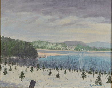 Laliberté, Guy - Le lac des pins - 1978: Laliberté, Guy (1930-) Le lac des pins (1978) Description: Oil on canvas panel, signed and dated on lower right Guy Laliberté 78 Dimension (PO): 8" x 10" Dimension (CM): 20.32 x 25.40 cm