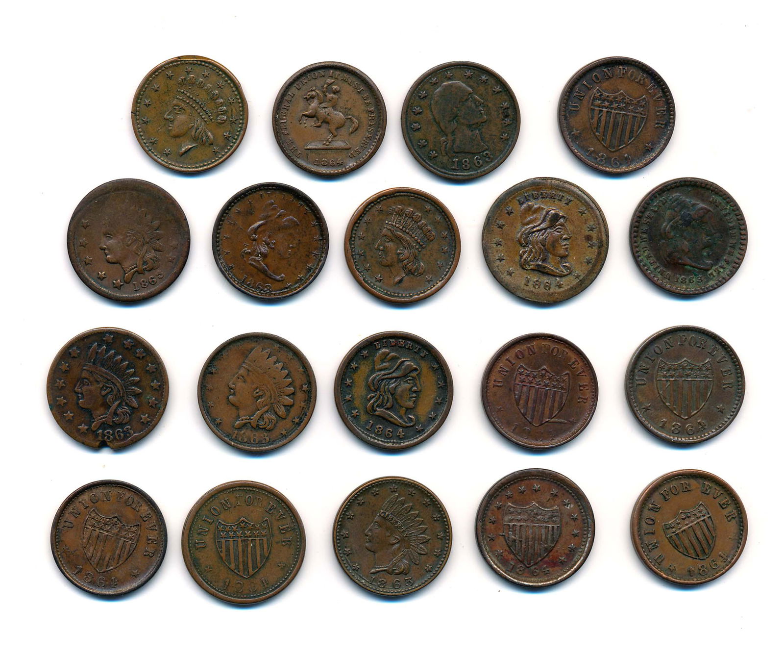 PATRIOTIC CIVIL WAR TOKENS A Lot of 19 Coins Die #'s (1 of 2)