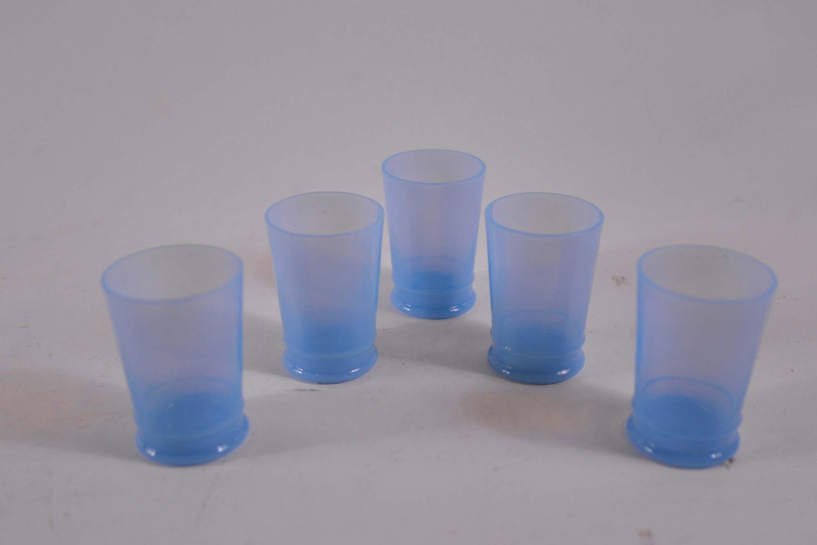Murano - Five vintage opaline glasses: Murano Five vintage opaline glasses Description: Three of them bear a label marked genuine Murano opaline Dimension (PO): 4 1/4" x 2 3/4" x 2 3/4" Dimension (CM): 10.80 x 6.99 x 6.99 cm