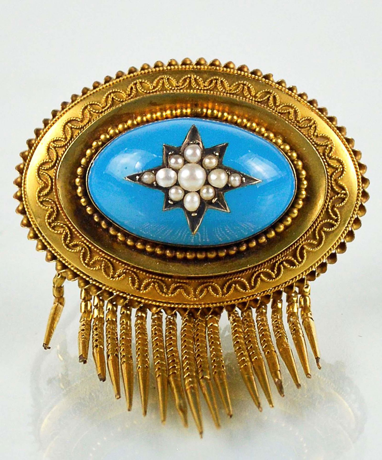 9kt mourning brooch set with a turquoise and pearls - (1 of 3)