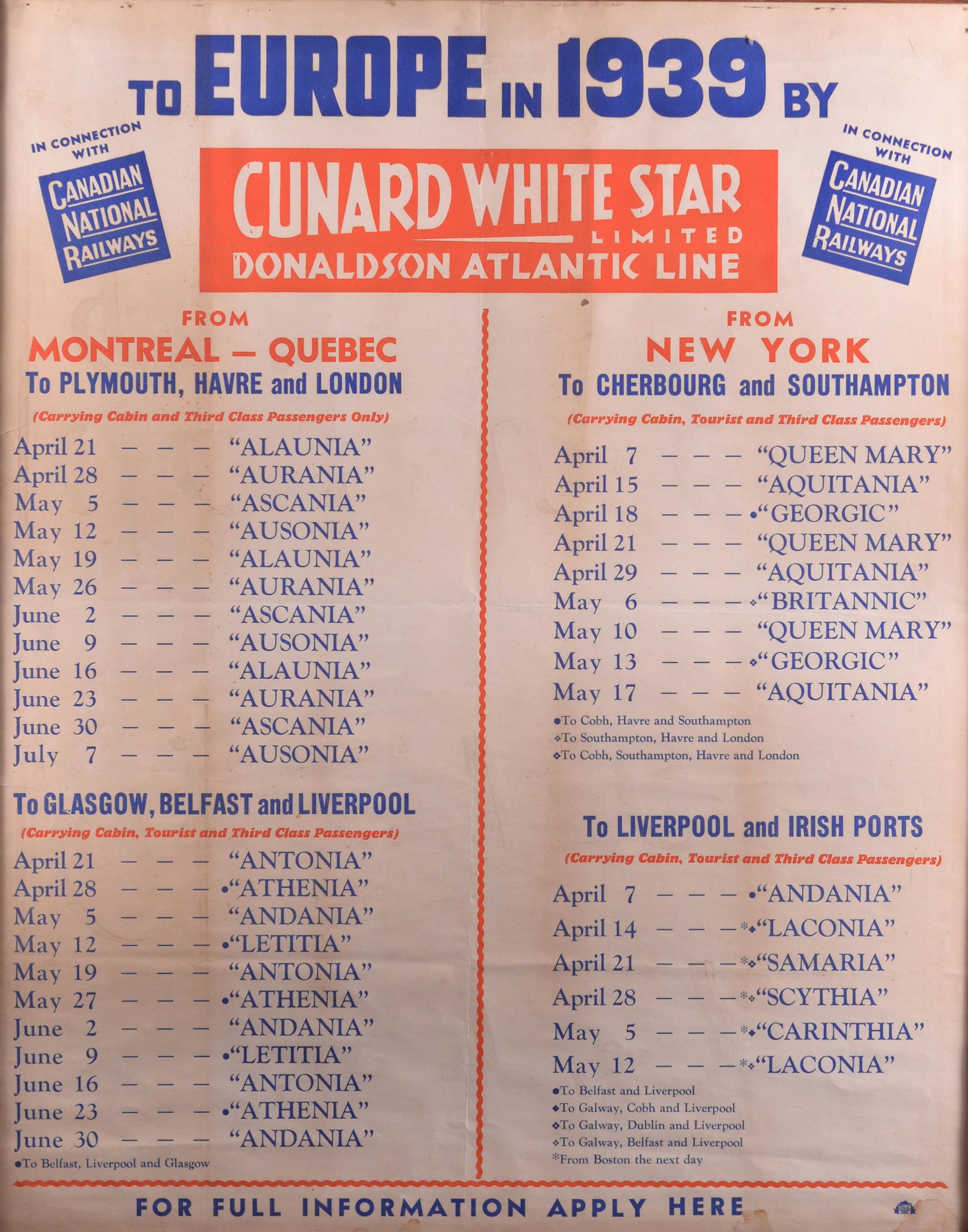 Cunard White Star Line ocean liners timetable poster - (1 of 3)