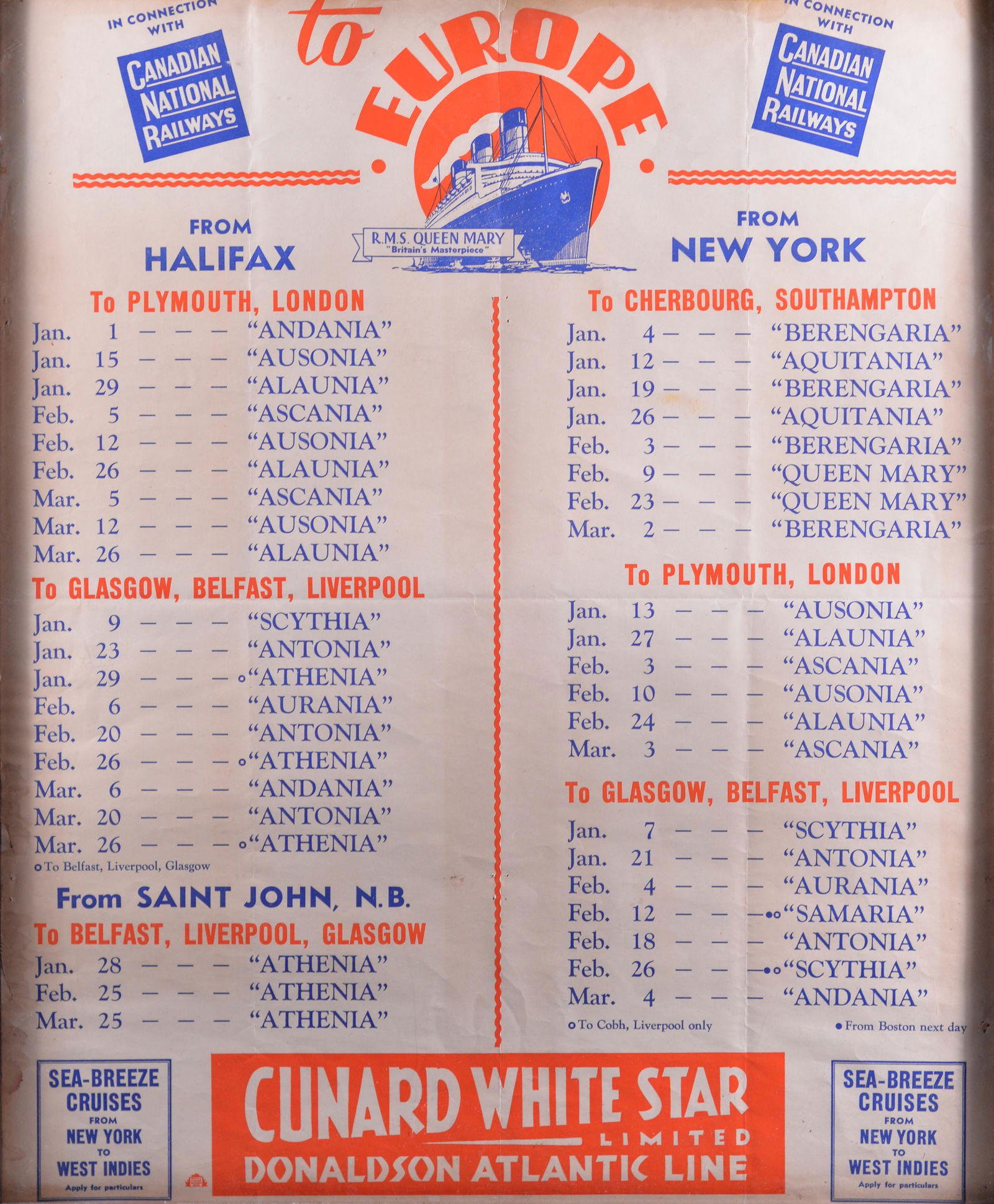 Cunard White Star Line ocean liners timetable poster - (1 of 3)