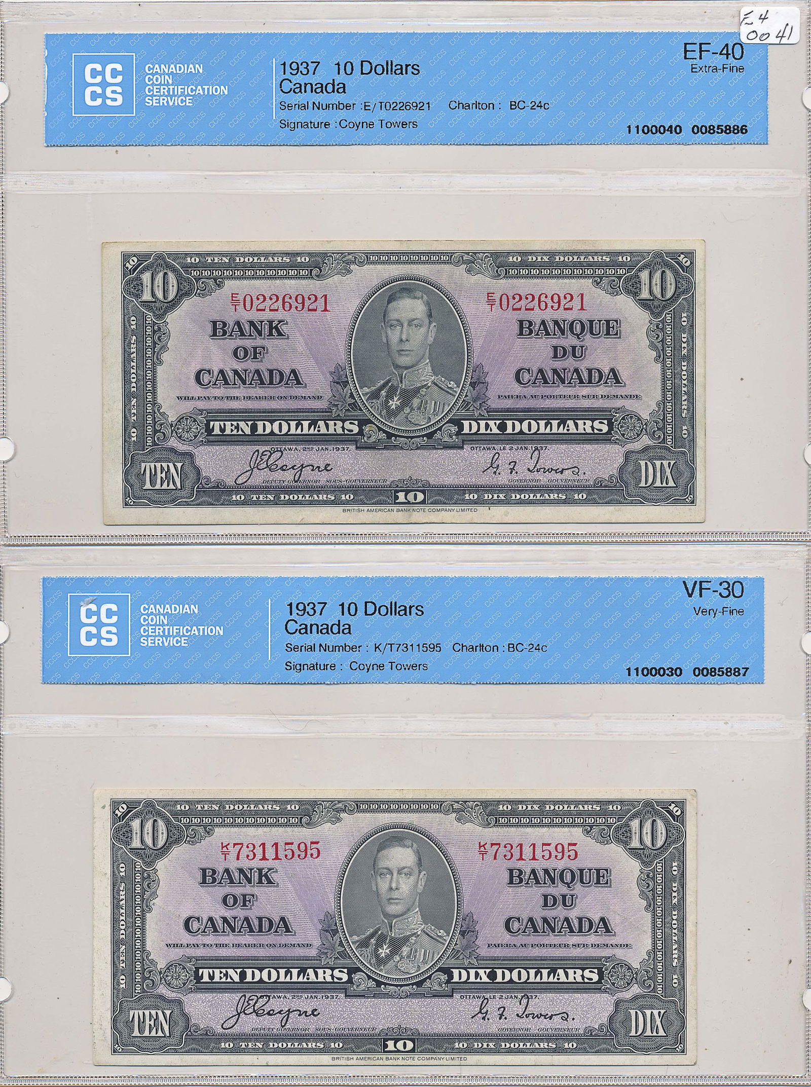 1937 Bank of Canada A Lot of 3 $10.00 BC-24b CCCS (1 of 4)