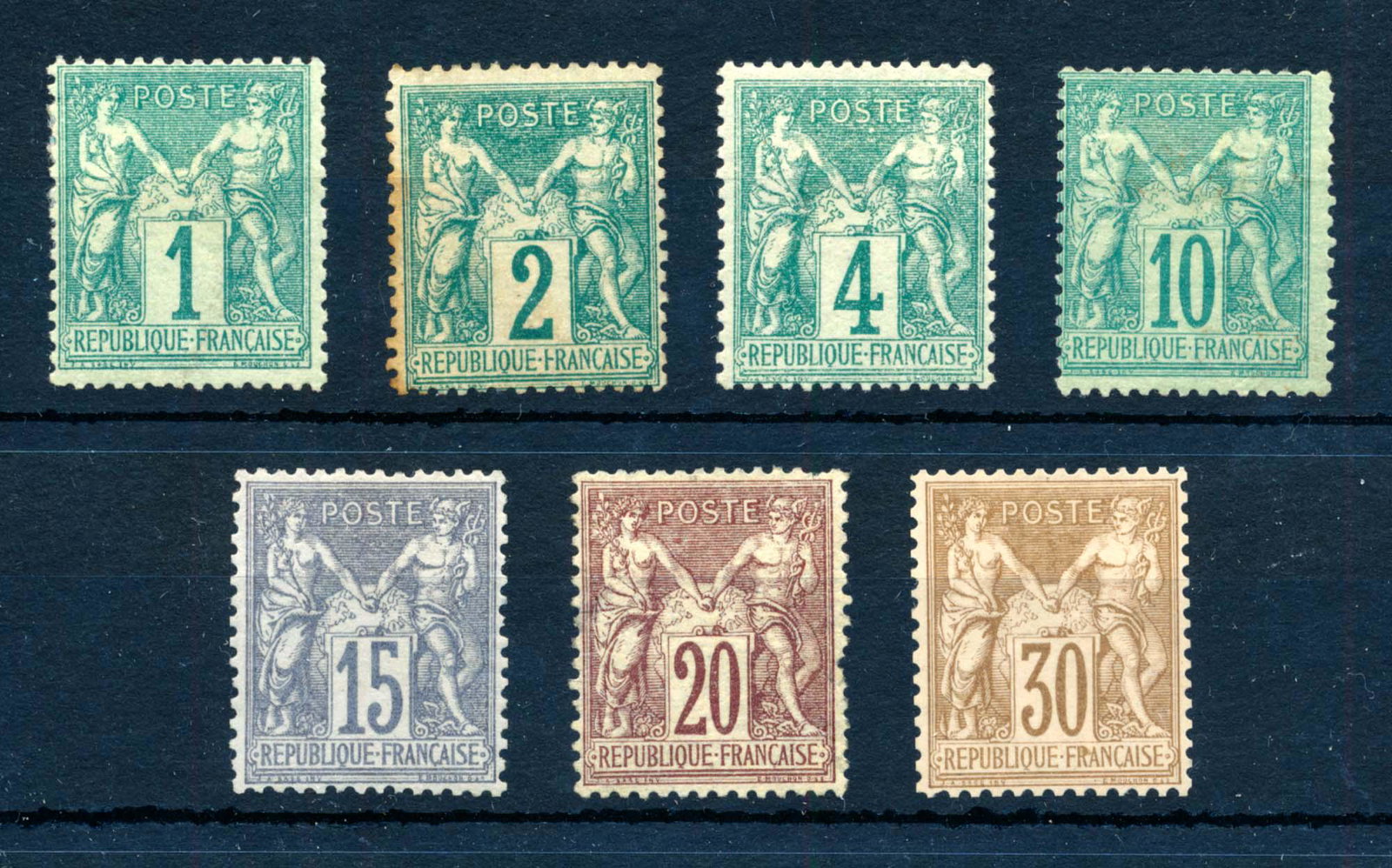 France 1876 lot #64/66+68/70+73, stamps VG-VF (*)/*. (1 of 2)