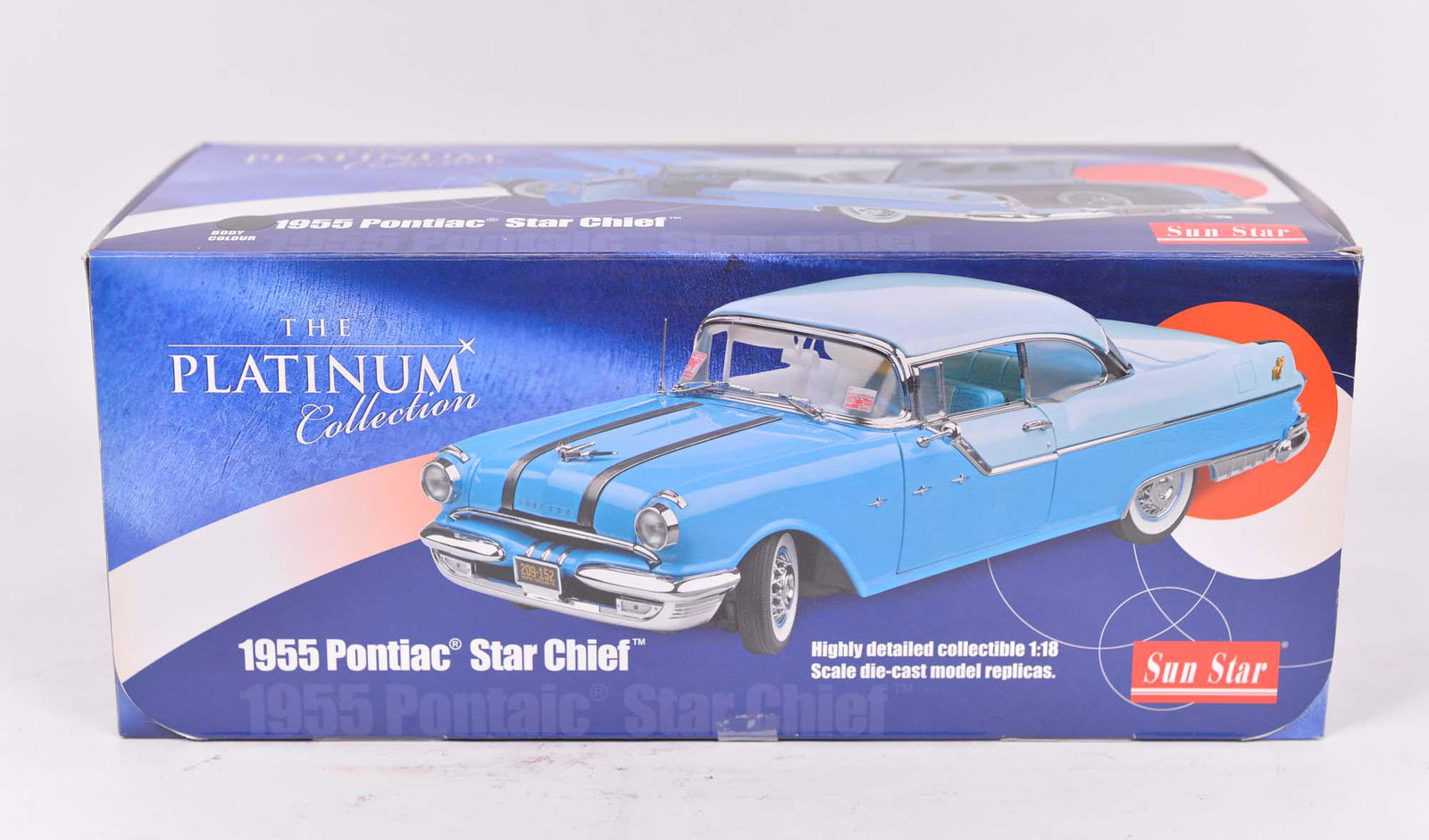 Sun Star - 1955 Pontiac Star Chief die cast model: Sun Star 1955 Pontiac Star Chief die cast model Description: Platinum collection, made of metal, scale 1:18, original box Dimension (PO): 11 1/2" x 4" x 3 1/4" Dimension (CM): 29.2 x 10.1 x 8.2 c