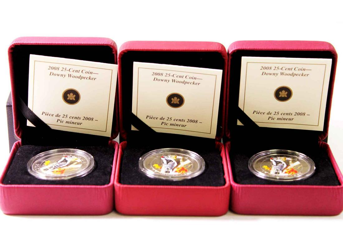 Canada 25 Cents 2008. A Lot of 3 Downy Woodpecker (1 of 4)