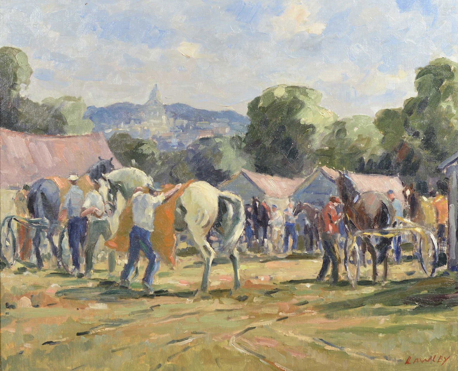 Lawley, John Douglas - Watching Blue Bonnets Raceway: Lawley, John Douglas (1906-1971) Watching Blue Bonnets Raceway Description: Oil on canvas panel, signed on lower right Lawley, signed on the back J. Douglas Lawley Dimension (PO): 20" x 24" Dimension