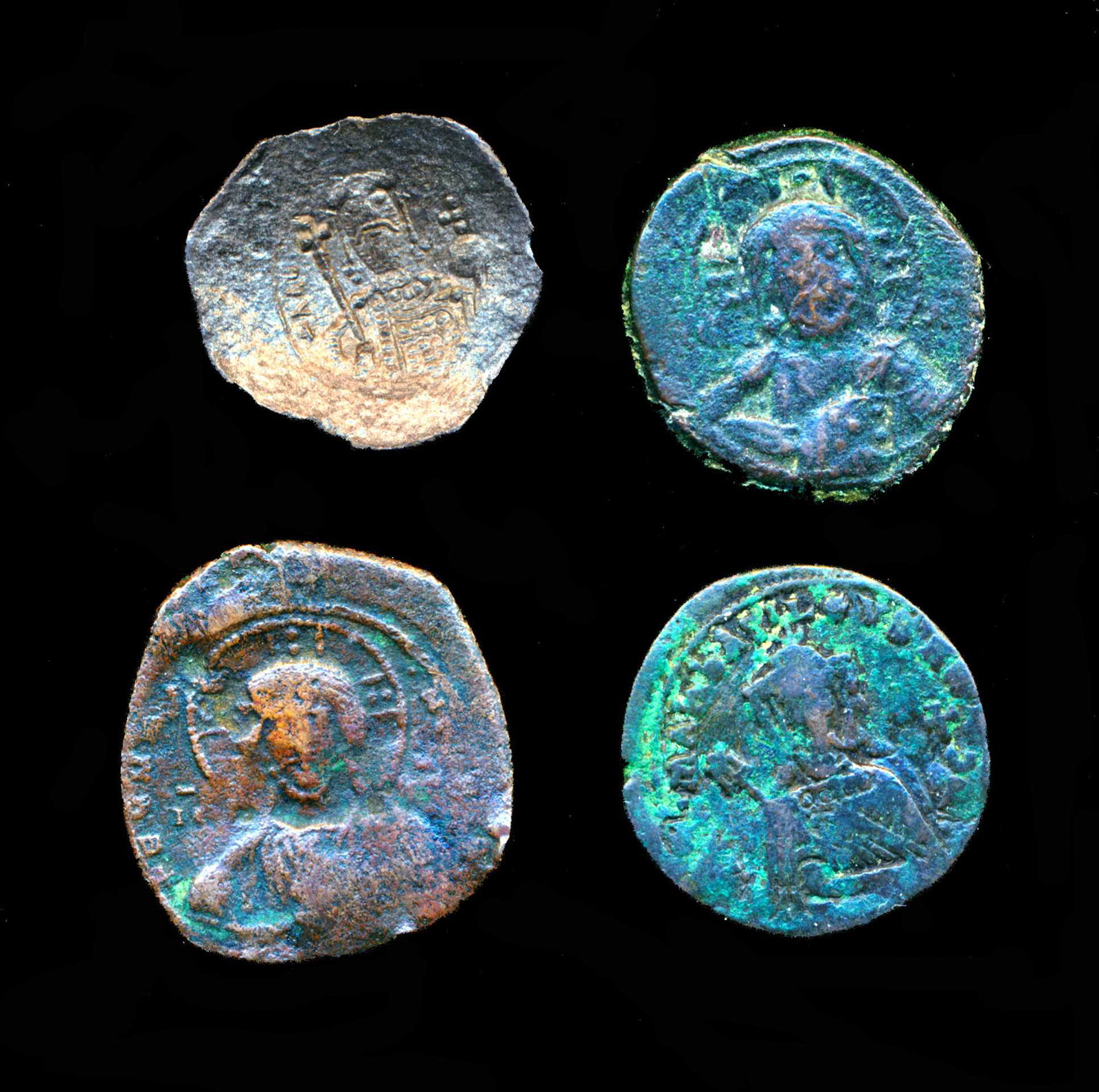 BYZANTINE 931-1081 A.D. A Lot of 3 Follis & 1 Trachy: BYZANTINE 931-1081 A.D. A Lot of 3 Follis & 1 Trachy 1 x Constantine VII SB-1761 7.1 gms. F+, Basil II SB-1813(1) 11.3 gms. F, Constantine X Class E 7.0 gms. F+ and Alexius I Comnenus S-1918 Aspron Tr