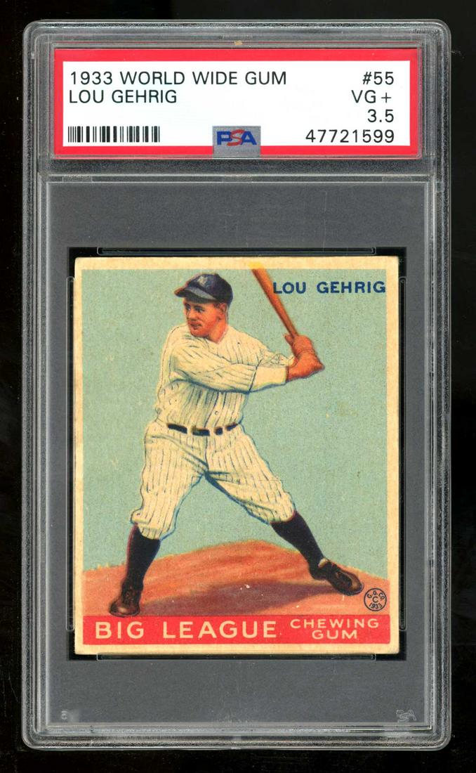 1933 World Wide Gum Lou Gehrig: 1933 World Wide Gum Lou Gehrig Description: 1933 World wide Gum #55 Goudey Lou Gehrig Graded by PSA 3.5 VG+ Certificate #47721599Only a few cards were graded by PSA Condition report: Upon request, We