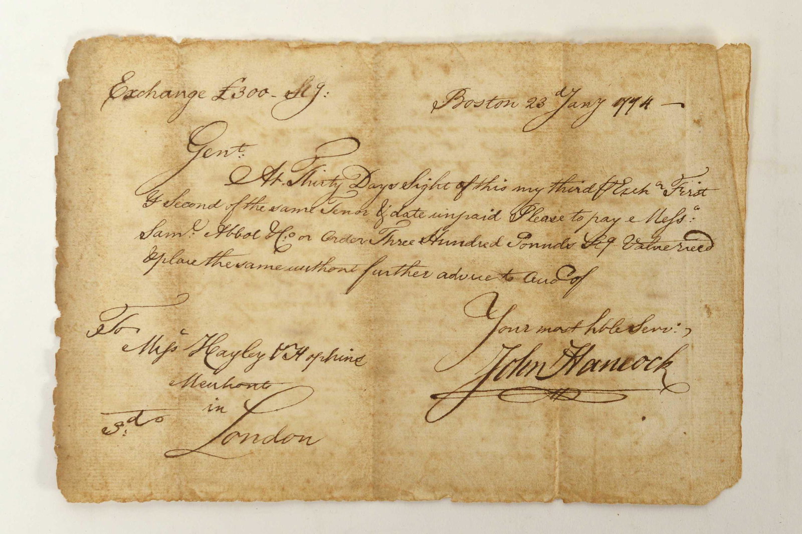 Hancock, John - Exchange note signed by John Hancock - 1774 (1 of 3)