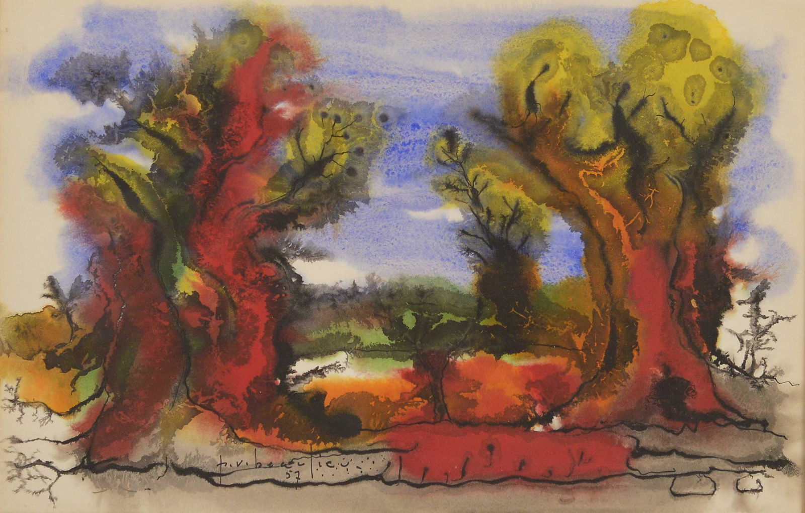 Beaulieu, Paul-Vanier - Sans titre - 1957: Beaulieu, Paul-Vanier (1910-1996) Sans titre (1957) Description: Mixed media on paper, signed and dated on lower left P. V. Beaulieu 57, label of Galerie Michel-Ange Dimension (PO): 12 3/4" x 19 1/2"