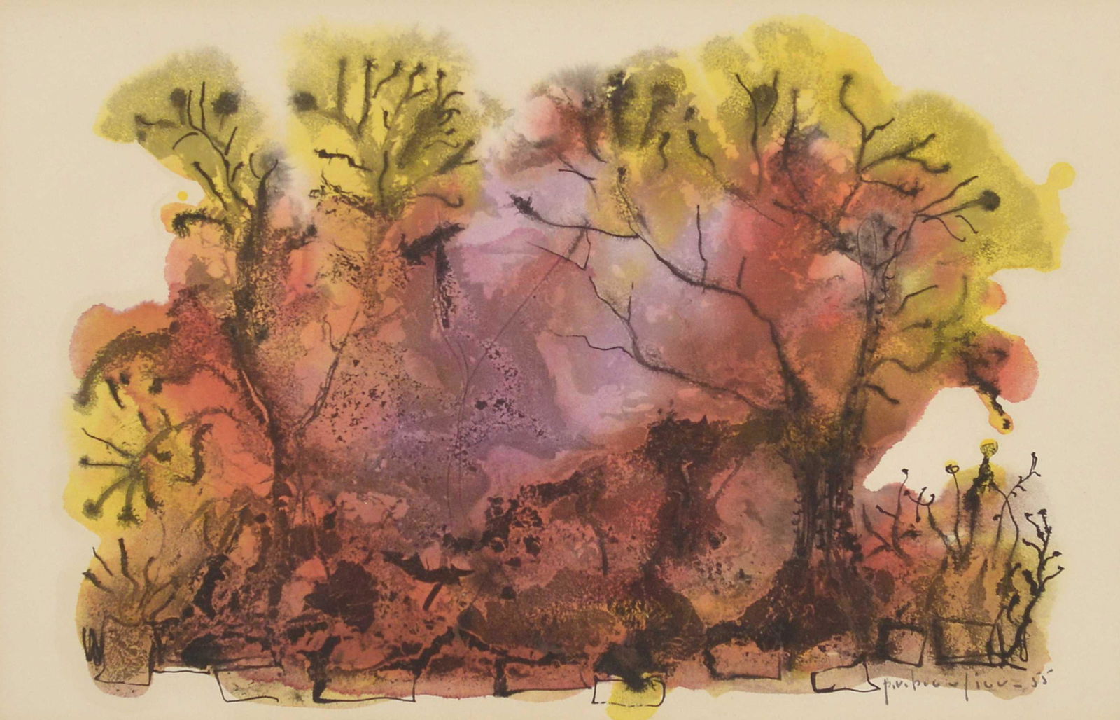 Beaulieu, Paul-Vanier - Arbres - 1955: Beaulieu, Paul-Vanier (1910-1996) Arbres (1955) Description: Mixed media on paper, signed and dated on lower right P.V. Beaulieu 55 Dimension (PO): 12" x 17" Dimension (CM): 30.5 x 43.2 cm