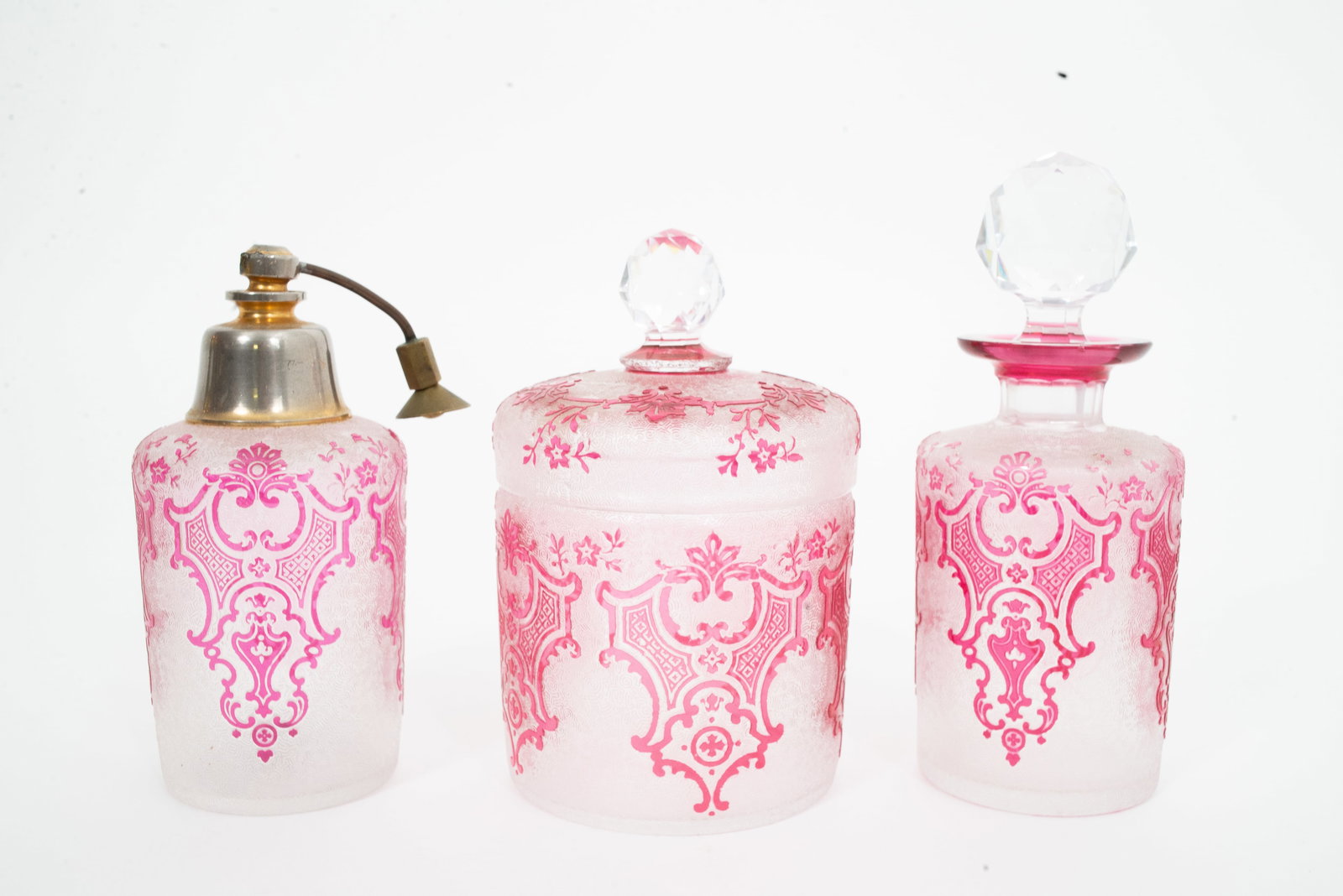 Val St Lambert - Acid etched cranberry glass dresser set (1 of 11)