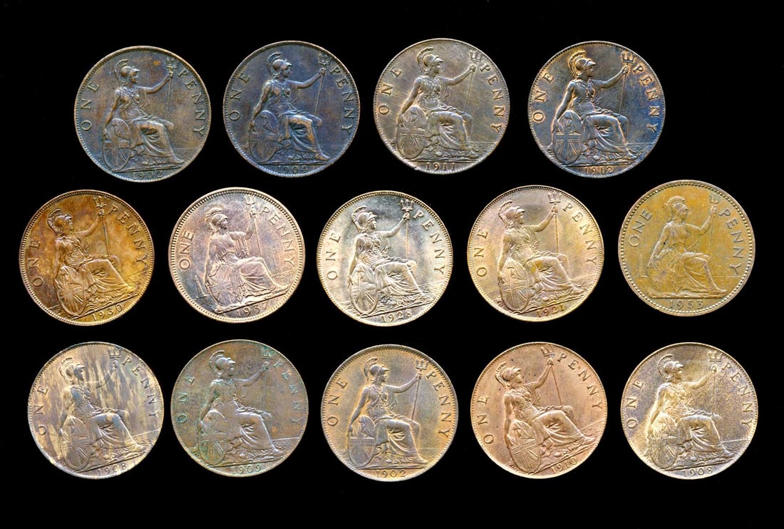 GREAT BRITAIN Penny 1902-1953. A Lot of 14 Coins Extra Fine-Unc (1 of 2)