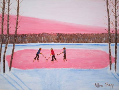 Sapp, Allen - Scène de hockey: Sapp, Allen (1928-2015) Scène de hockey Description: Oil on canvas signed on the front lower right Allen Sapp Dimension (PO): 19" x 24" Dimension (CM): 48 x 61 cm Condition report