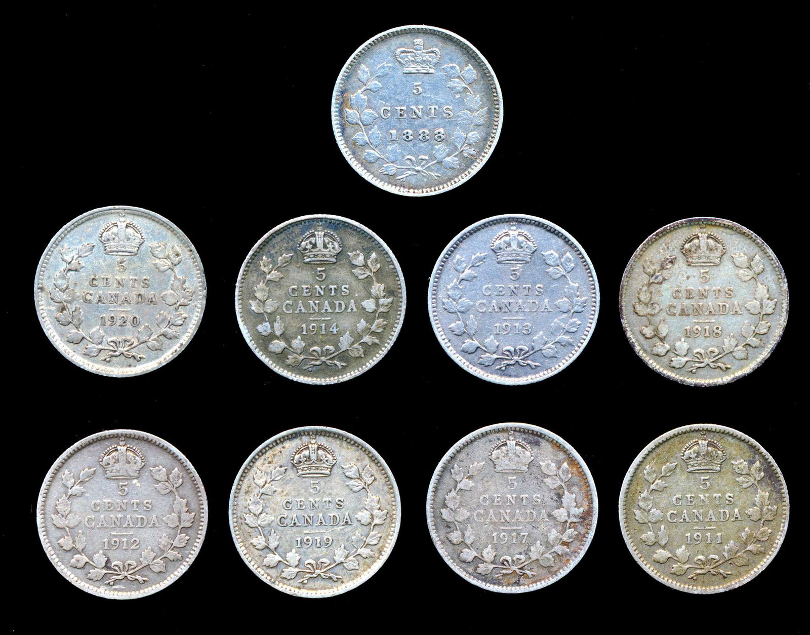 CANADA 1888-1920. A Run of Nine 5 Cent Silver Coins Very Good-Very Fine (1 of 2)