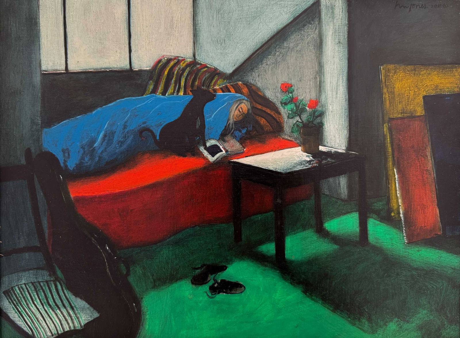 Jones, Henry Wanton - "Le modèle au repos" - 1980: Jones, Henry Wanton (1925-2021) "Le modèle au repos" (1980) Description: Oil on masonite signed and dated on upper right W. Jones 80, titled on the reverse Dimension (PO): 12" x 16" Dimension (