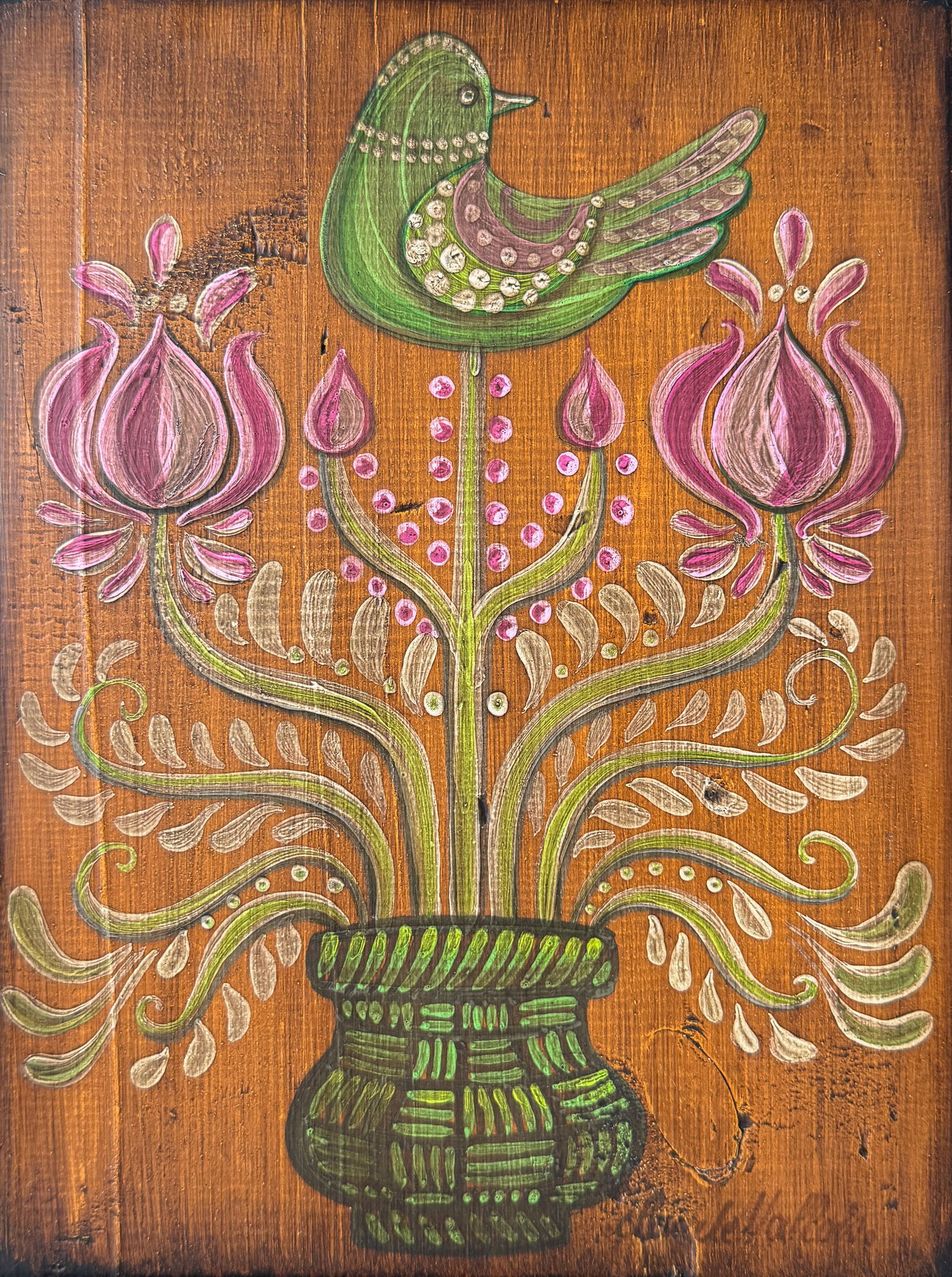 Inconnu / Unknown - Pink flowers with green bird (1 of 4)