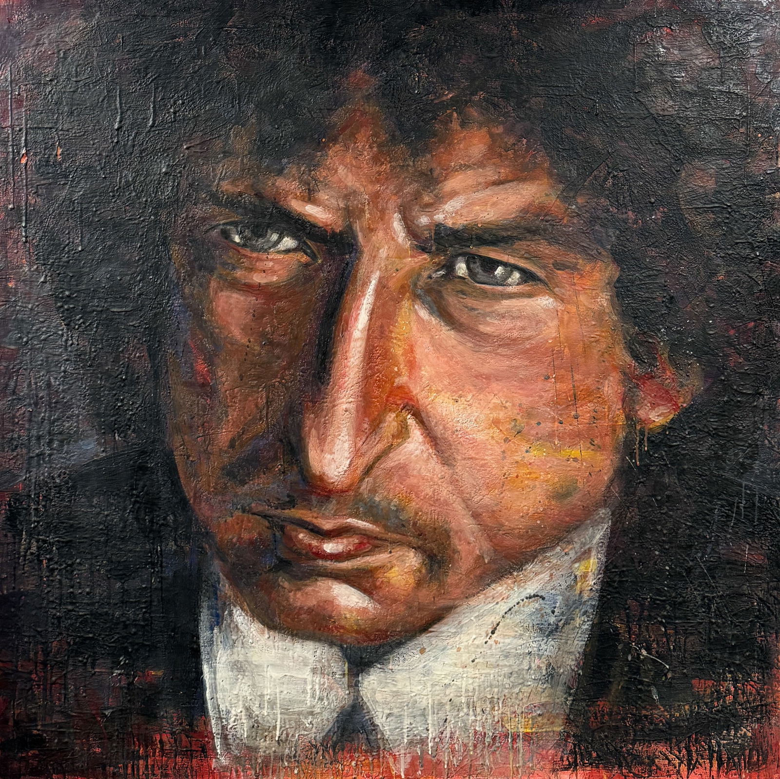 Maltais, Sébastien - "Bob Dylan" - 2003: Maltais, Sébastien (1968-) "Bob Dylan" (2003) Huile sur toile signée, datée et titrée au dos Dimension: 48" x 48" 122 x 122 cm ------------- Maltais, Sébastien (1968-) "Bob Dy