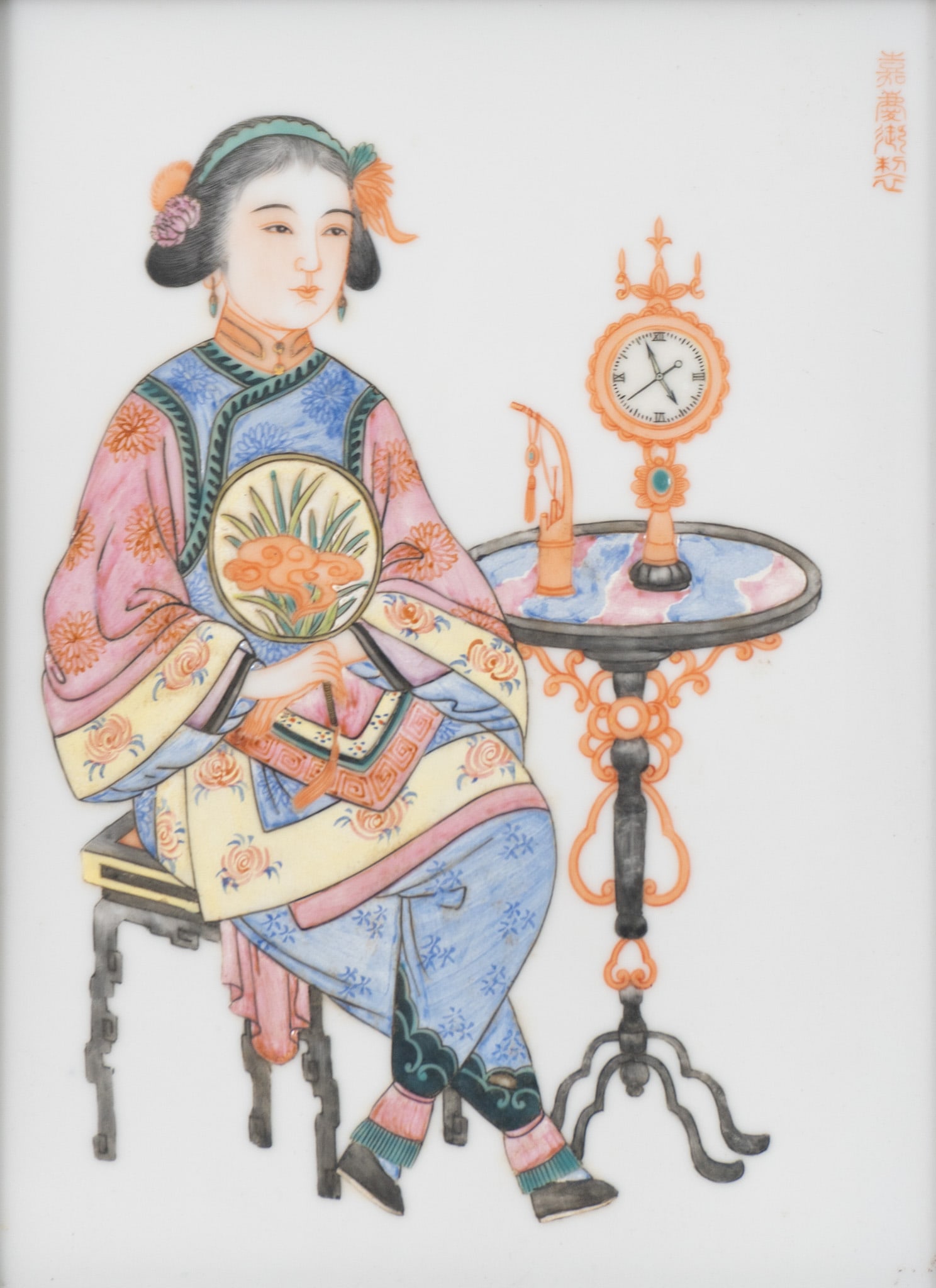 Antique porcelain plaque, opium smoker - c1900 (1 of 4)