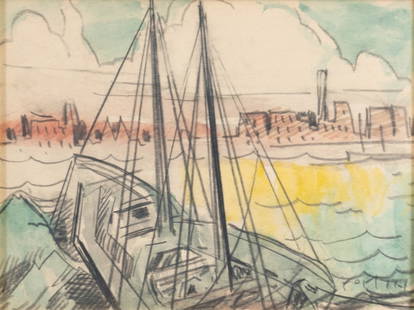 Fortin, Marc-Aurèle - Barques: Fortin, Marc-Aurèle (1888-1970) Barques Aquarelle et fusain sur papier signée en bas à droite FortinNé en 1888 à Sainte-Rose, Marc-Aurèle Fortin est un artiste peintre dont l'œuvre a été pres