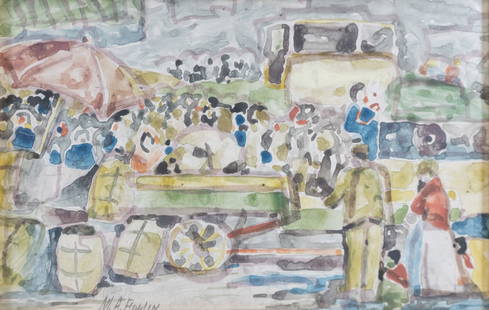 Fortin, Marc-Aurèle - Scène de marché: Fortin, Marc-Aurèle (1888-1970) Scène de marché Aquarelle sur papier signée en bas à gauche M.A FortinNé en 1888 à Sainte-Rose, Marc-Aurèle Fortin est un artiste peintre dont l'œuvre a été