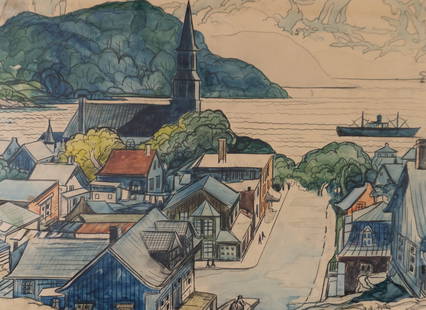 Fortin, Marc-Aurèle - "Bagotville": Fortin, Marc-Aurèle (1888-1970) Bagotville Aquarelle sur papier signée en bas à droite M.A FortinNé en 1888 à Sainte-Rose, Marc-Aurèle Fortin est un artiste peintre dont l'œuvre a été presque
