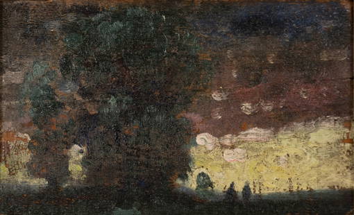 Fortin, Marc-Aurèle - Crépuscule: Fortin, Marc-Aurèle (1888-1970) Crépuscule Huile sur planche de bois, certificat d'authenticité de la succession Marc-Aurèle Fortin au dos, non signéeNé en 1888 à Sainte-Rose, Marc-Aurèle Fort
