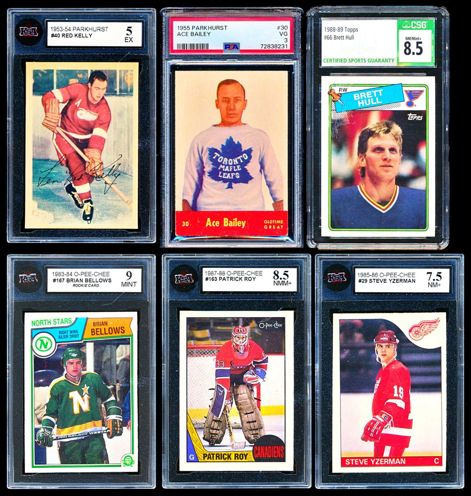 Lot of Great graded hockey cards: Lot de carte de hockey Gradé 6 cards total. 1955 Parkhurst #30 Ace Bailey PSA 3, 1988-89 Topps #66 Brett Hull CSG 8.5, 1983-84 OPC #167 Brian Bellows rookie card KSA 9, 1985-86 OPC #29 Steve Yzer