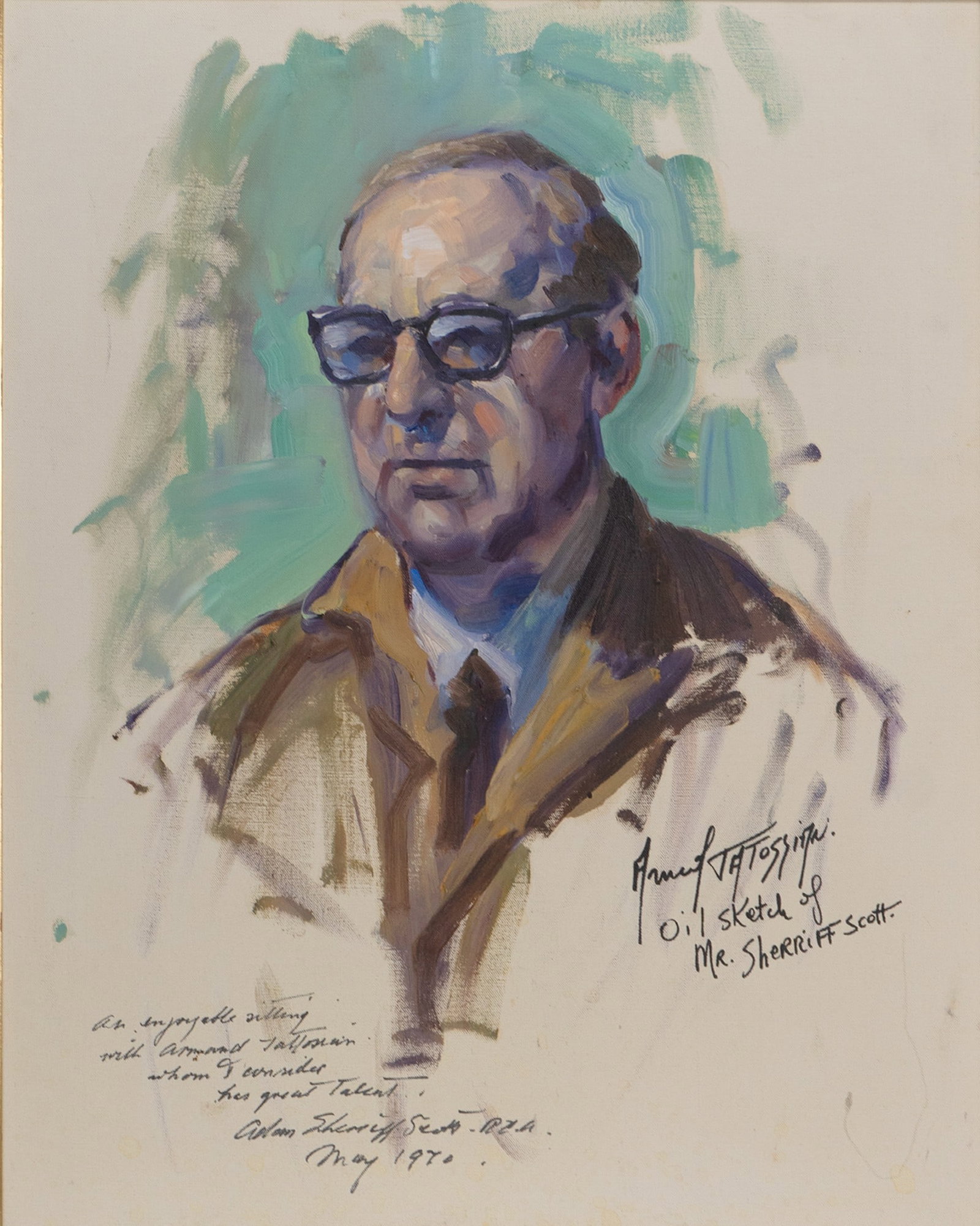 Tatossian, Armand - "Portrait of Mr Sherriff Scott" - 1970: Tatossian, Armand (1951-2012) "Portrait of Mr Sherriff Scott" (1970) Description (FR): Huile sur toile signee au bas droit Armand Tatossian Description (EN): Oil on canvas signed lower right Armand Ta