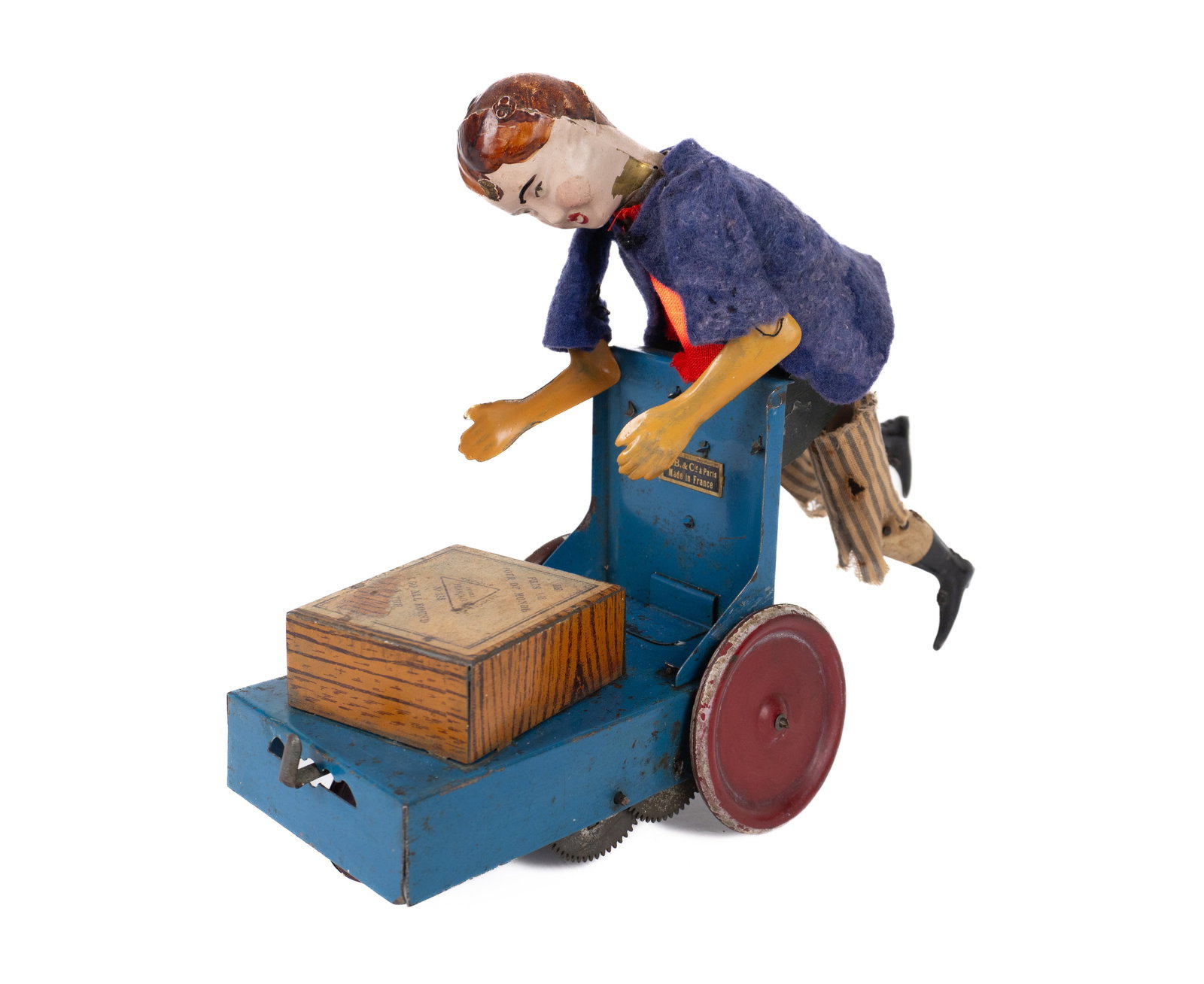 Fernand Martin - Le petit livreur , wind up toy - 1911: Fernand Martin (1849-1919) France Le petit livreur, jouet à remonter (1911) Bouge les jambes et avance, fonctionnel Dimension: 6 1/2" x 8" x 3" 16.5 x 20 x 7.6 cm Rapport de condition: Fonctionne