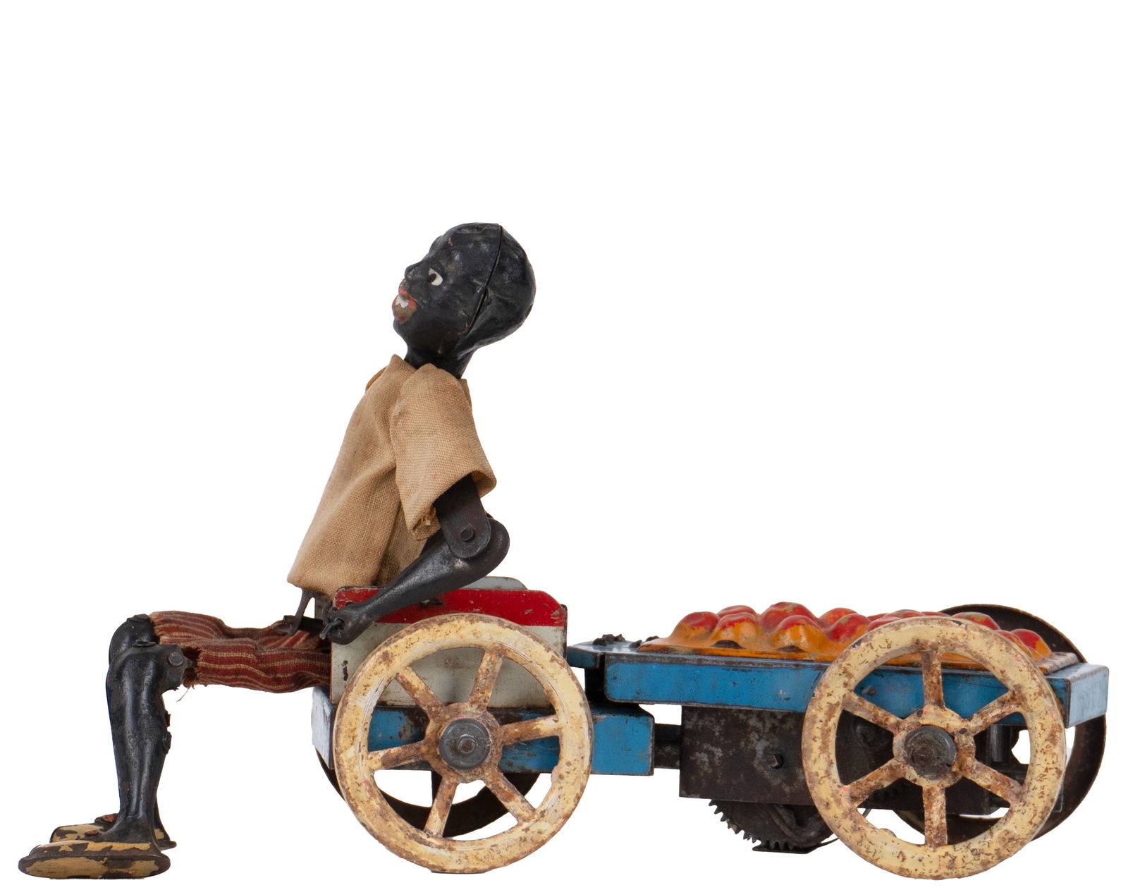 Fernand Martin - Le marchand d'oranges tin wind-up toy - 1901: Fernand Martin (1849-1919) France Le marchand d'oranges jouet en tôle à remonter (1901) Jeune homme noir souriant en tôle peinte, polo tissu jaune, pantacourt rayé rouge et blanc,