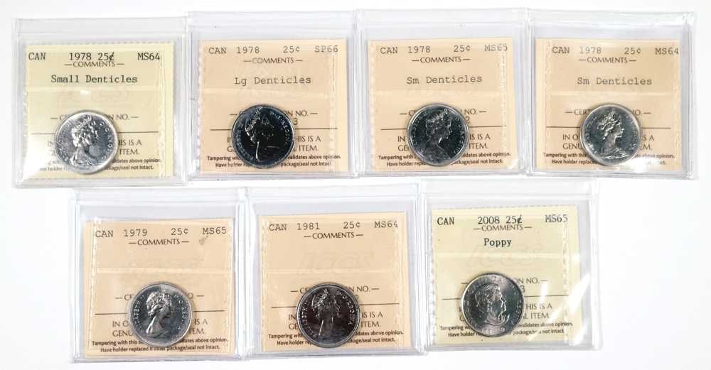 Canada 1978-2008 Lot de 7 pieces de 25 cents en cupro-nickel ICCS: Canada 1978-2008 Lot de 7 pieces de 25 cents en cupro-nickel ICCS Description (FR): 3 x 1978 petit Denticules (2 x MS-64 Cert.# XSJ 969 & XZY 114 avec 1 x MS-65 Cert# XOR 932), 1 x 1978 Large Denticul